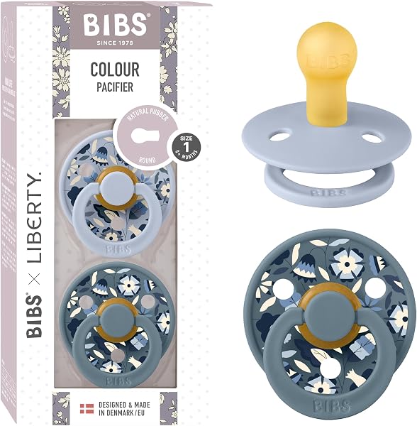 BIBS Colour Liberty Tétine. Lot de 2 sucettes. téterelle ronde en latex naturel, sans bisphénol A, Fabriqué au Danemark, Taille 1 (0-6 mois), Bobo Dusty Blue Mix - 1