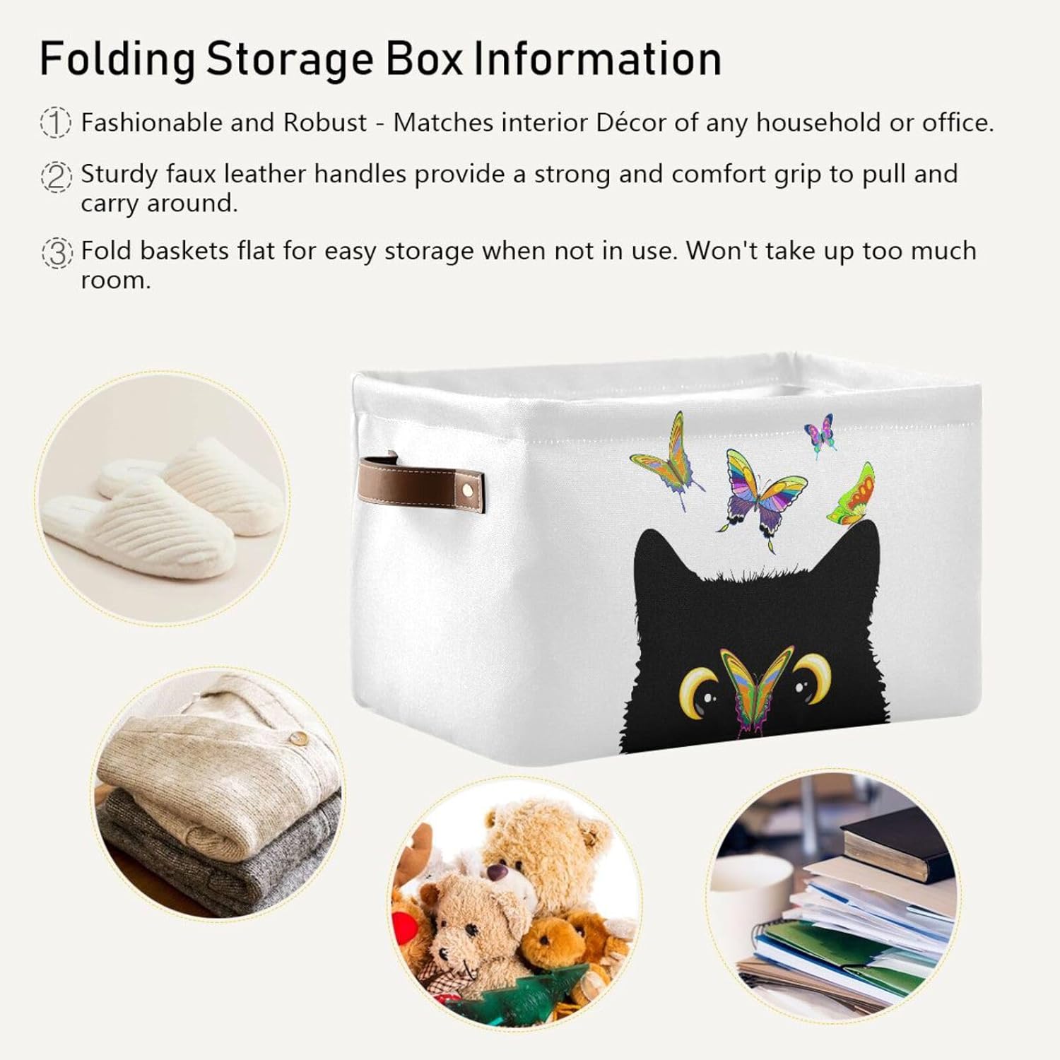 JIPONI Cat with Butterfly Fabric Storage Bins for Shelves, Decorative Storage baskets for organizing, Closet Organizer with Handle for Cloth, Toys, Bedrooms, Farmhouse