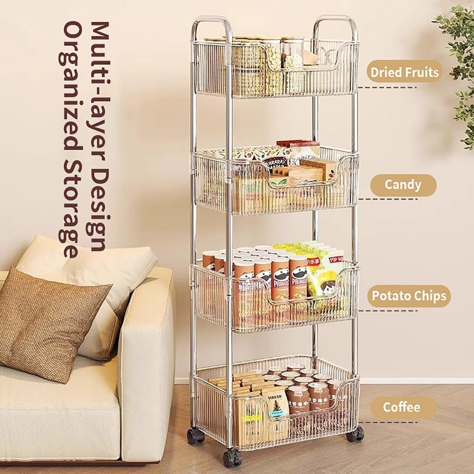 Carrello portaoggetti in acrilico, organizer trasparente con ruote per cucina, bagno e ufficio, libreria mobile multilivello