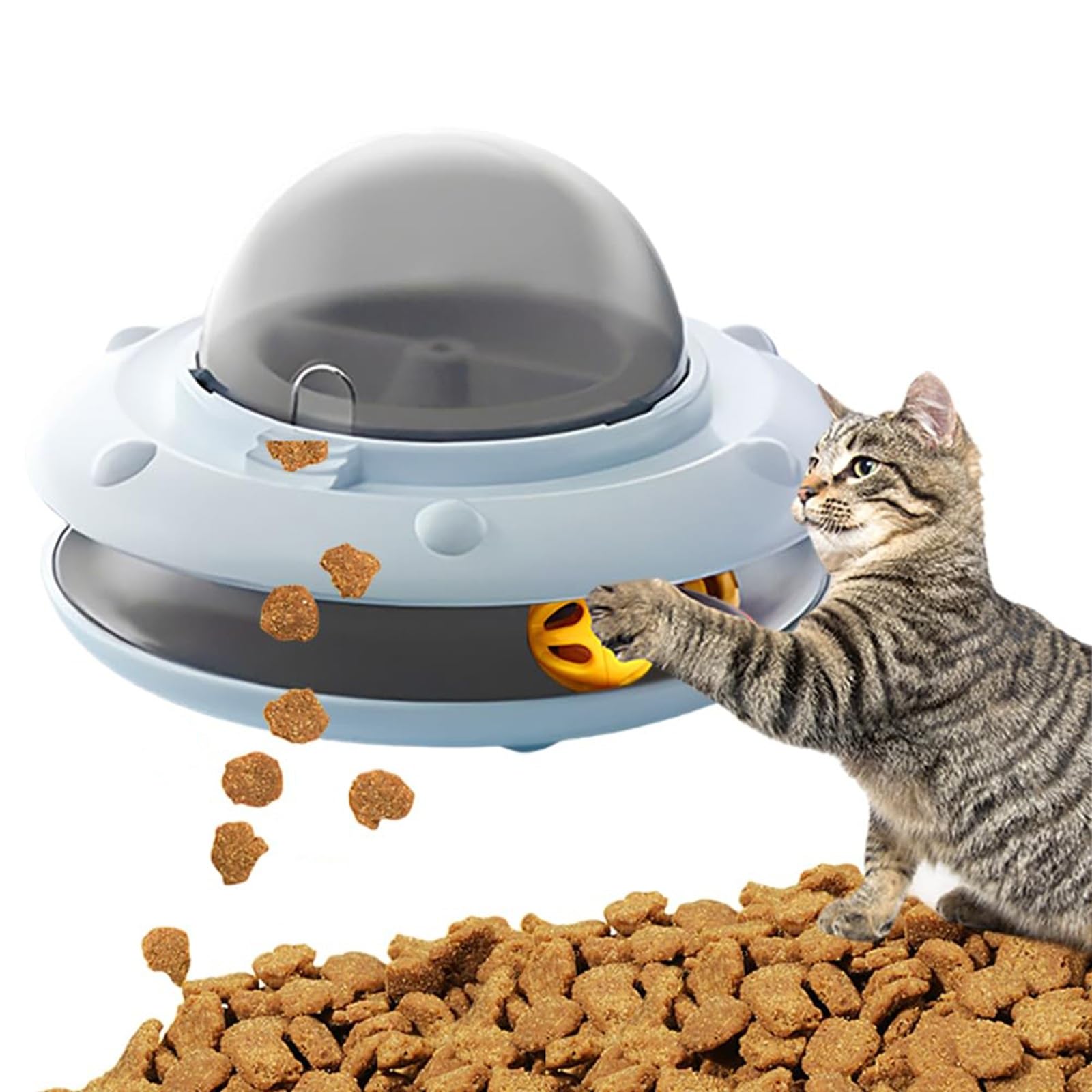 Máquina Tragamonedas y Alimentador de Golosinas for Gatos, Dispensador Automático Recargable con Pista de Bola de Campana, Juguete Interactivo(Blue)