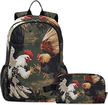 Kids Backpacks Set Rooster Fighter Animal Chicken Boys Girls Backpack with Lunch Bag Toddler Bookbag