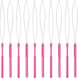 10 Pieces Hair Extension Loop Needle Threader Pulling Hook Tool and Bead Device Tool Loop Threader for Hair or Feather Extensions (Rose Red)