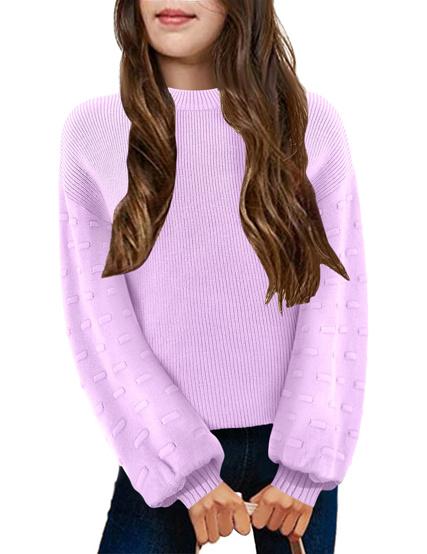 Arshiner Girls Crewneck Sweaters Chunky Lantern Sleeve Knit Jumper Tops Casual Drop Shoulder Pullover Outwear for 5-13 Years