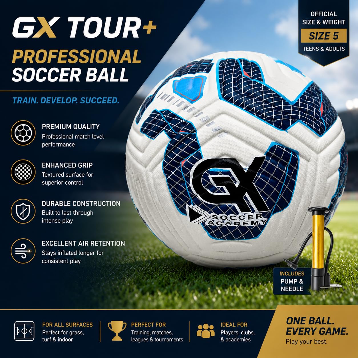 GX Soccer Academy Tour+ - Balón de fútbol profesional, tamaño 5, pelota de competición azul y blanca