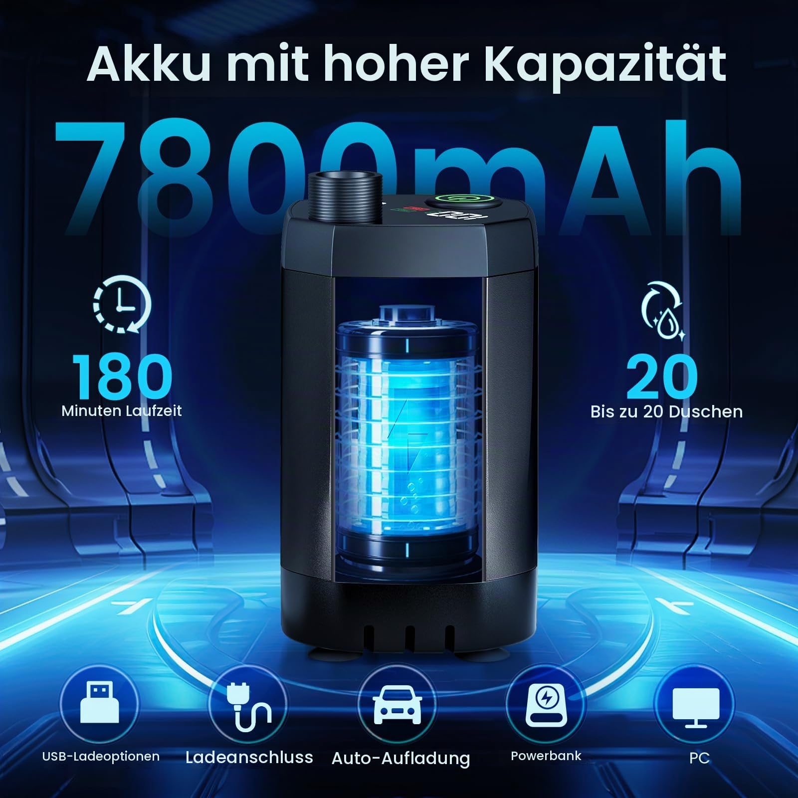 solardusche Tragbare Campingdusche 7800 mAh Wiederaufladbar Camping dusche mit pumpe Mobile dusche Filterbarer Duschkopf und 2m Schlauch für Garten Autowaschen, Strand, Camping,Haustiere