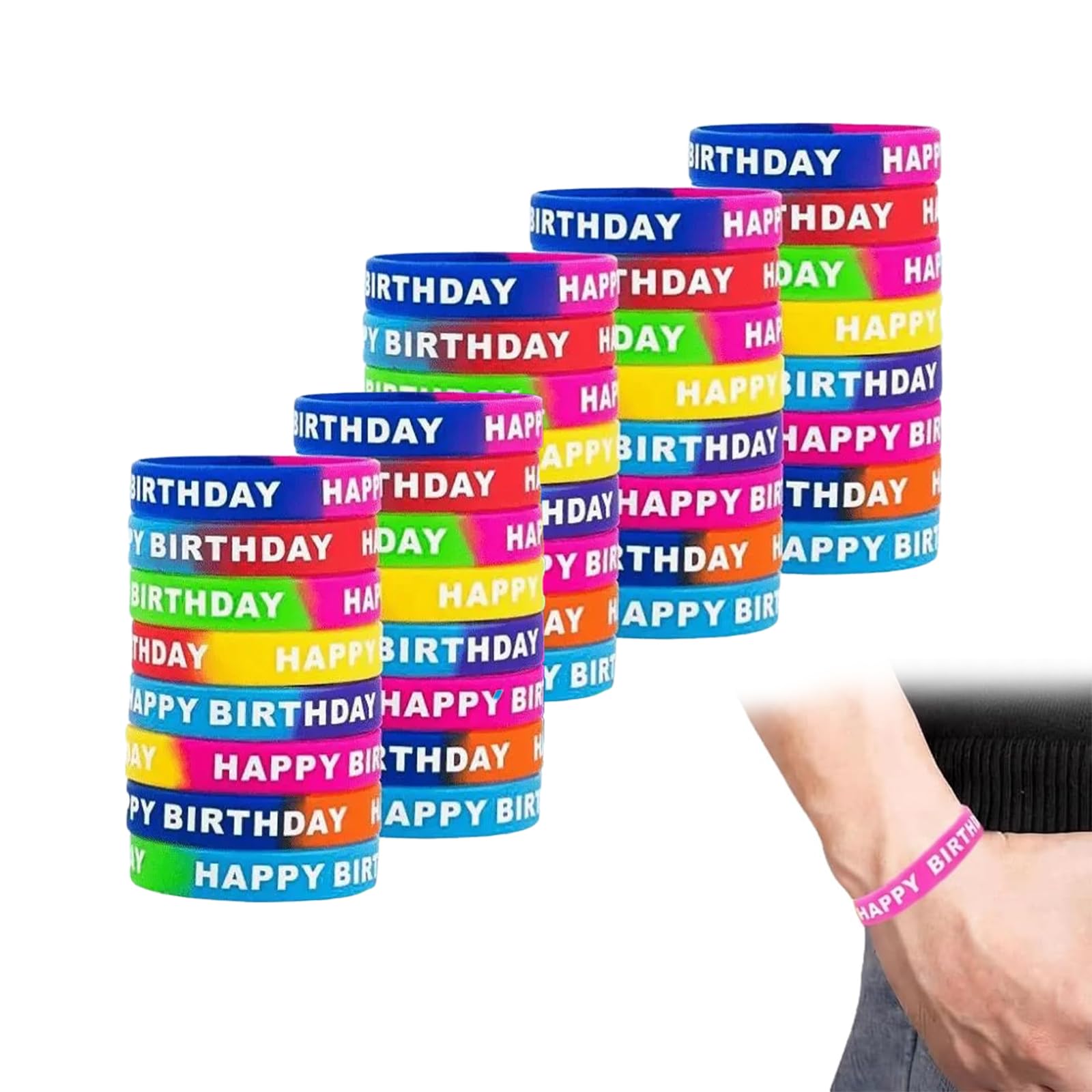 Eowppue 40pcs Happy Birthday silicone bracelet, Colors Stretchy Rubber Wristbands for Birthday Party Supplies