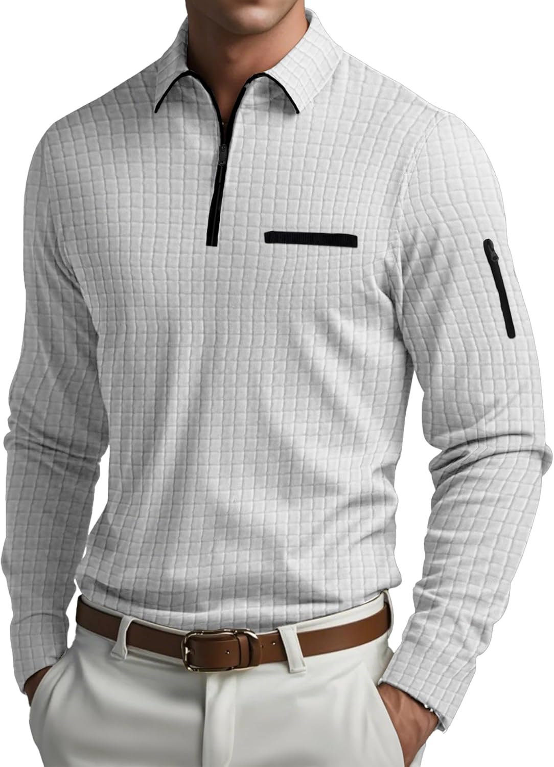 Men's Long Sleeve Polo Shirts Quarter Zip Up Pullover Slim Fit Casual Stylish Golf Shirt for Men Lightweight Tops with Pocket