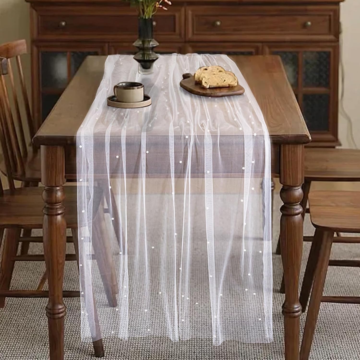 6 Pcs 31.5 x 118 in Pearl Table Runner, White Tulle Table Runner Pearl Table Cloth for Wedding Party Baby Shower Birthday Dessert Home Decor