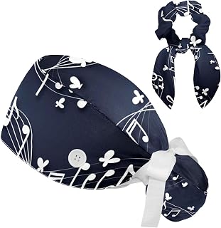 FVQL 2 Pieces Surgical Cap for Long Hair Scrub Cap with Hairband Nurse Cap, Music Note and Butterflies Abstract