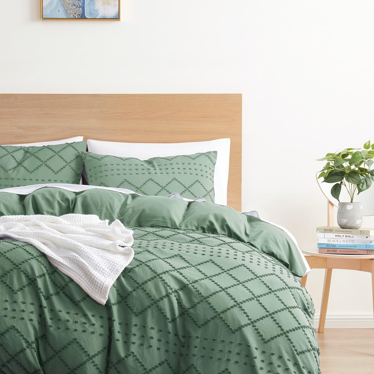 Hearth &amp; Harbor Boho Bedding King Duvet Cover Set - Boho Duvet Cover King Size, 3 Piece Tufted Green Duvet Cover King with Zipper Closure, 1 King Size Duvet Cover 104x90 Inches and 2 Pillow Shams