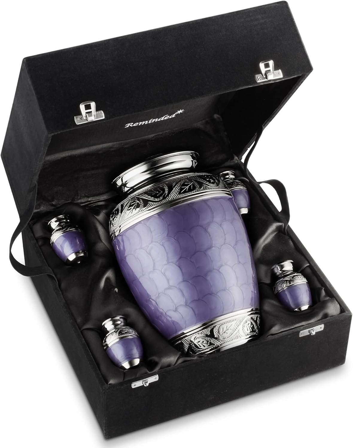 Reminded Set of 5 Etched Cremation Urns for Human Ashes - 1 Brass Adult + 4 Keepsake Token Size, Lavender