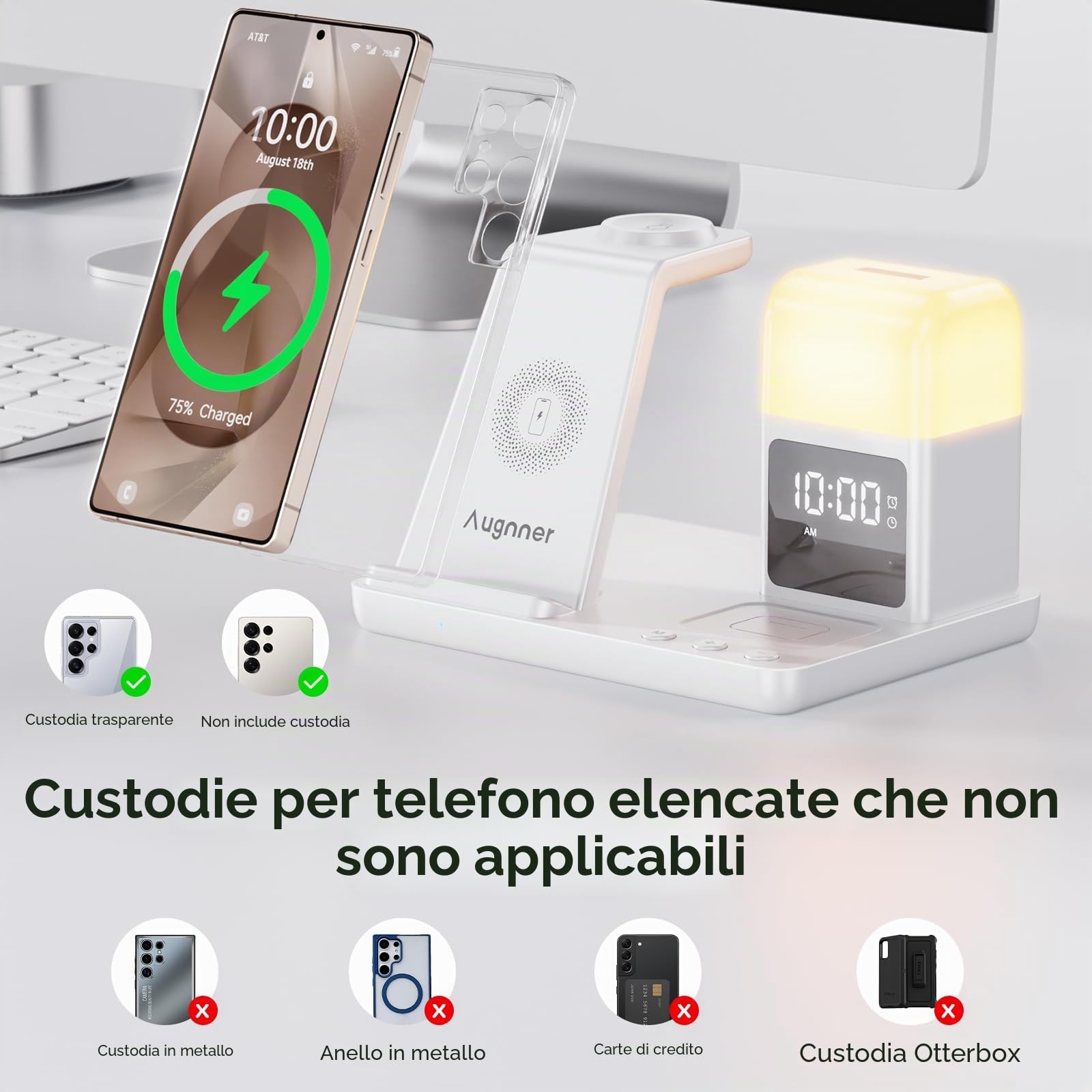 Stazione di Ricarica Induttiva 6 in 1 Aggiornata per Samsung con Sveglia e Luce a 3 Colori | Ricarica Senza Fili 15W Rapida per Galaxy S25/S24/Z Fold6/Flip/Note Galaxy Watch Ultra/6/5 Pro Galaxy Buds