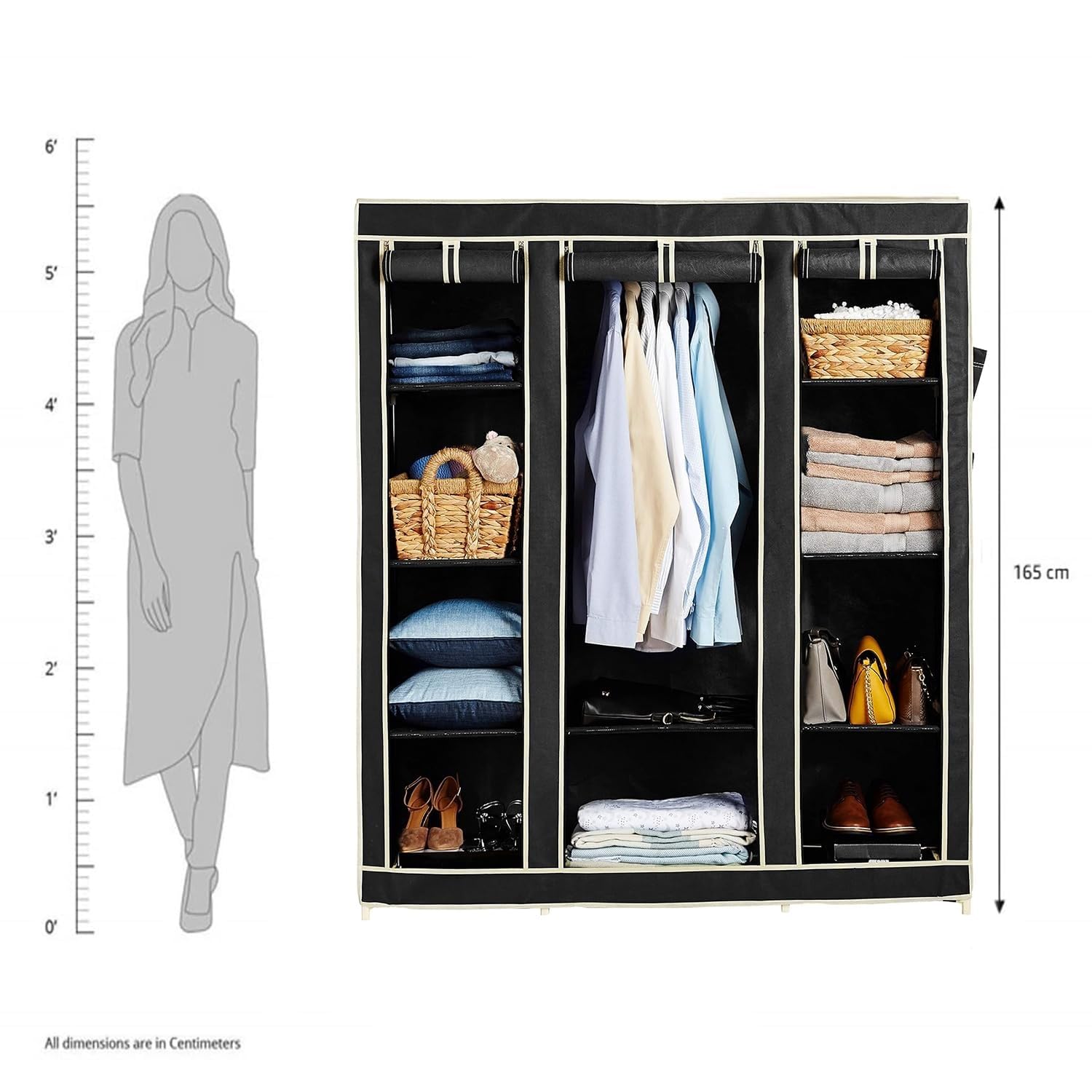 OBBO 3-Door Wardrobe Foldable Collapsible Portable Closet for Clothes Almira, 1 Hanging Space, 10 Shelves Non-Woven Fabric-162 Cm, 44 Cm, 138 Cm-Black - Image 9 thumbnail