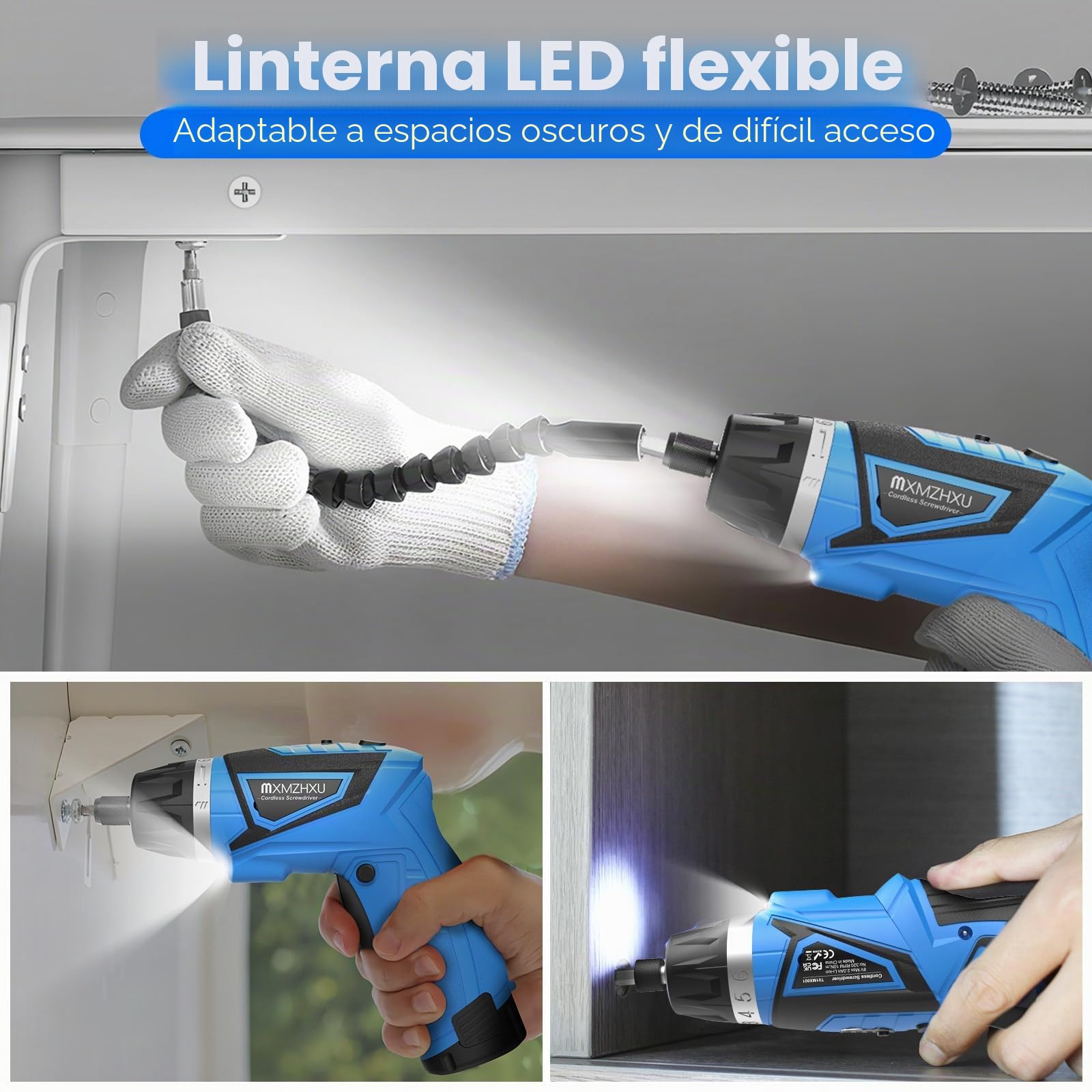 Destornillador inalámbrico de 8 V, kit de destornillador eléctrico con 2 baterías de 2000 mAh, par máximo de 10 N·m, mango giratorio de 180°, luz LED y 47 accesorios, para bricolaje, reparación del