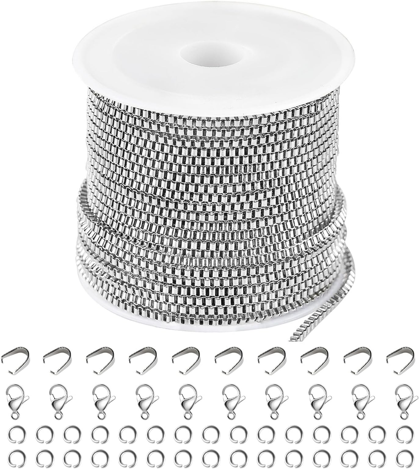 Kyutong 10M Silver Box Chain Links with Bulk Soldered Stainless Steel Necklace Chain with Lobster Clasps Jump Rings Pinch Clip Clasps for Jewelry Making Handcraft DIY
