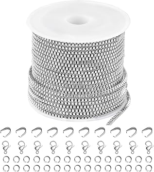 Kyutong 10M Silver Box Chain Links with Bulk Stainless Steel Necklace Chain | 32.8 Feet Silver Craft Chains with Lobster Clasps Pinch Clip Clasps for DIY Handcraft Jewelry Making