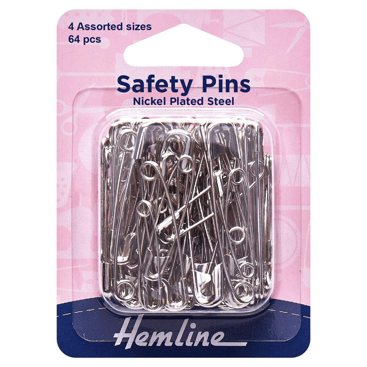 Hemline Safety Pins 64pk Assorted Nickel Plated