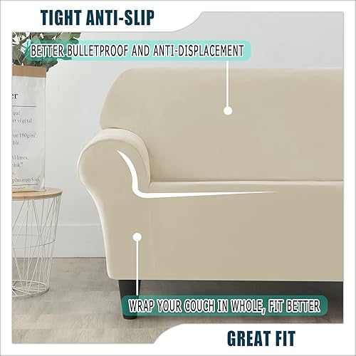 Miniatura 8 de 7 fundas de terciopelo elástico para sofá, para 1 funda de base, funda para sofá de 3 cojines y 3 fundas de respaldo, para muebles de sala (beige,