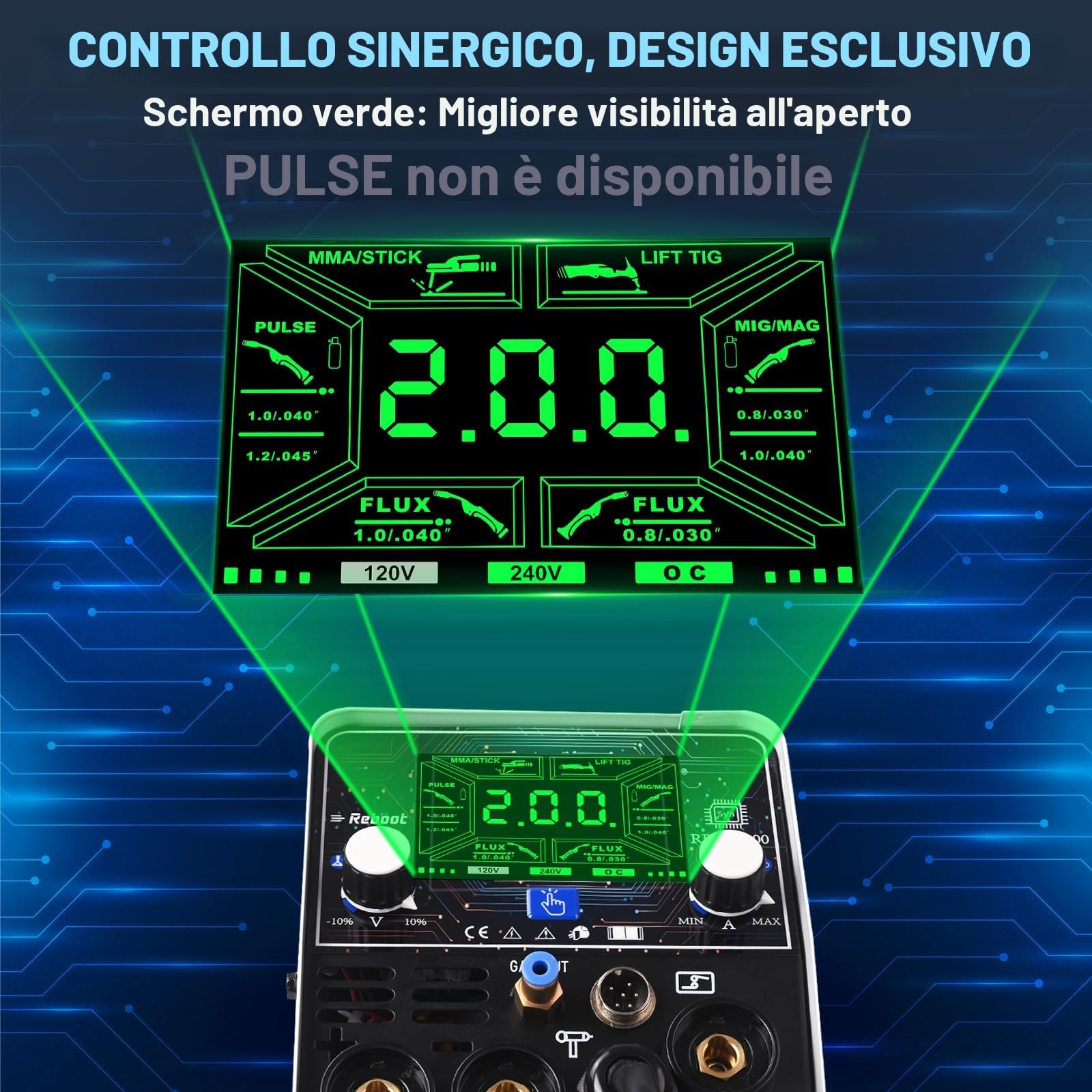 Reboot RBM2000 PRO Saldatrice MIG 200A 5 in 1 Inverter Sinergico MIG Gas/Gasless MMA Lift TIG Spot Display LED