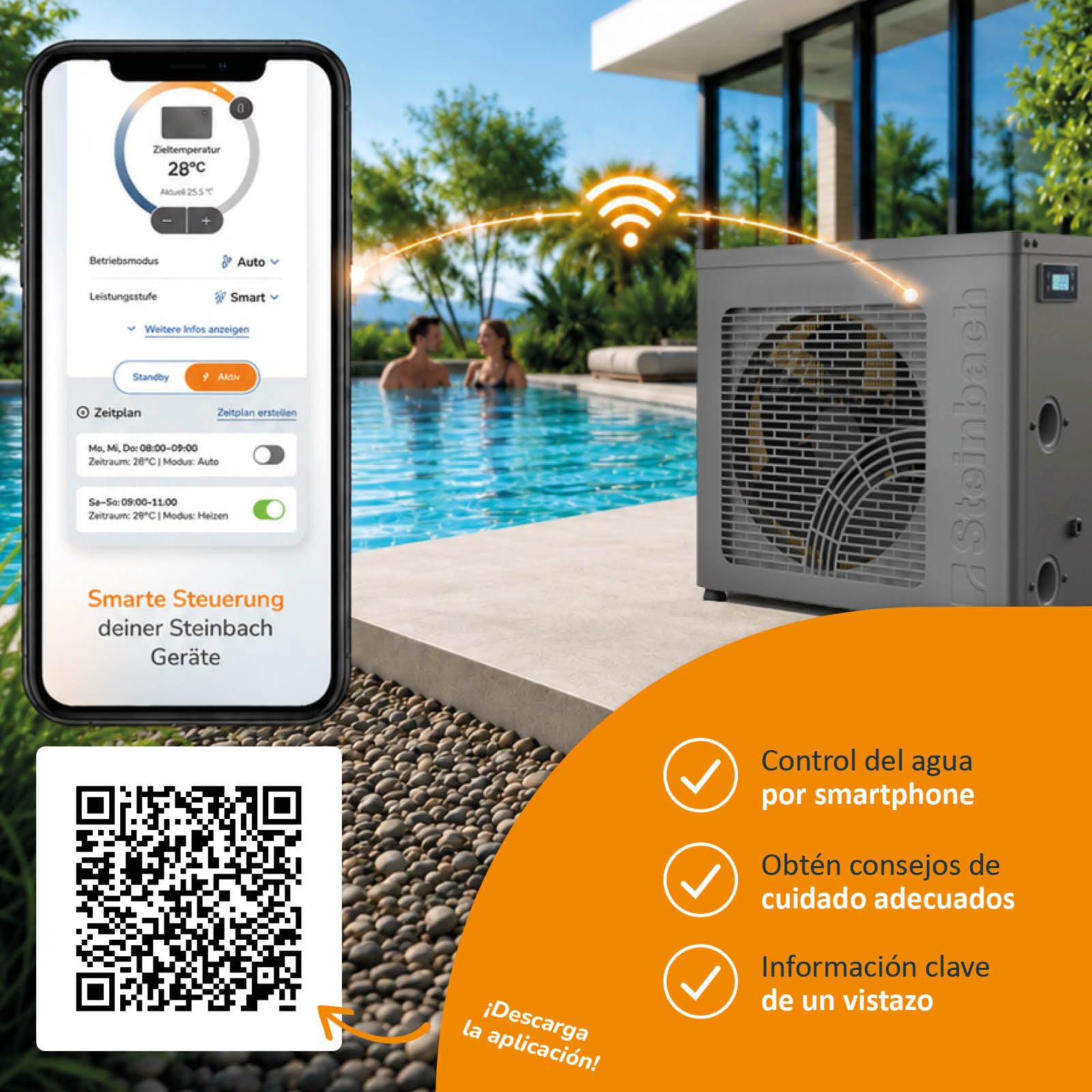Steinbach Startis Style 049400Z - Bomba de Calor para Piscina de hasta 20.000 L 4,3 kW con Control por aplicación WiFi, Segura para Agua Salada, refrigerante R290 eficiente