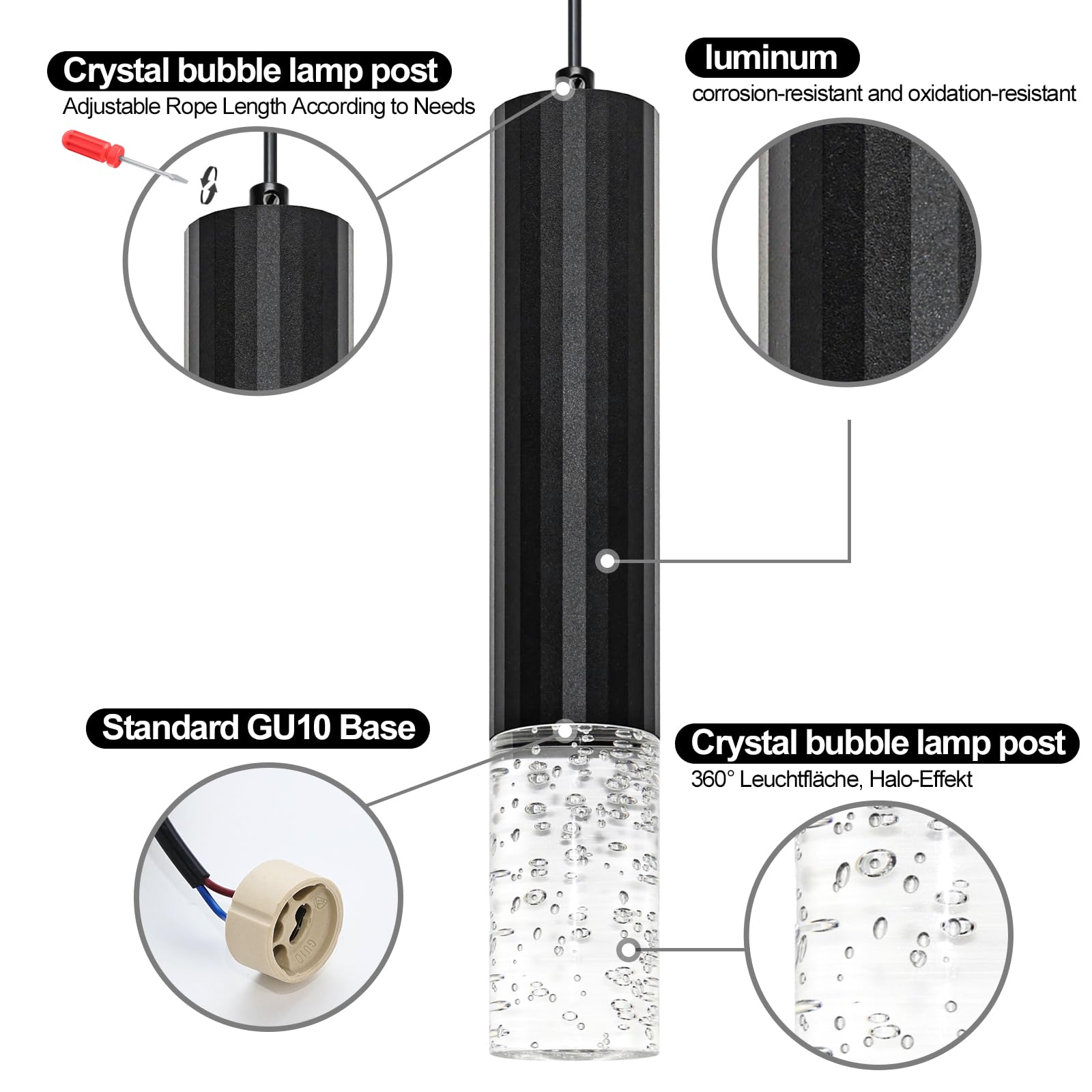 GeyouLux 2 Pezzi Lampada a Sospensione Cristallo Bolla Lampadario Cucina Con Presa GU10 Alluminio 30CM Lampadario a Sospensione Nero Lampada Sospensione Massimo 60W Per Cucina(Nessuna lampadina)