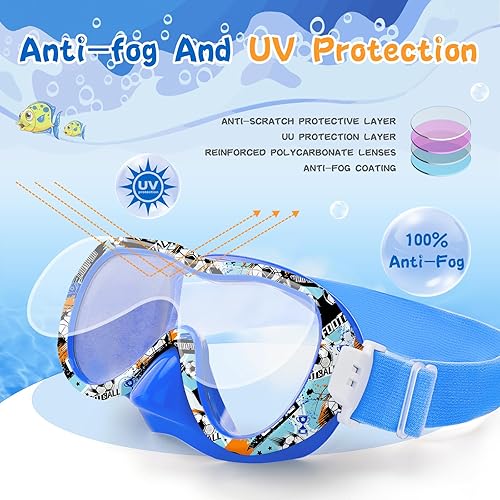 Miniatura 4 de Gafas de natación para niños con cubierta para la nariz, máscara de esnórquel panorámica de 180 con diseño antivaho y antifugas, correa de tela