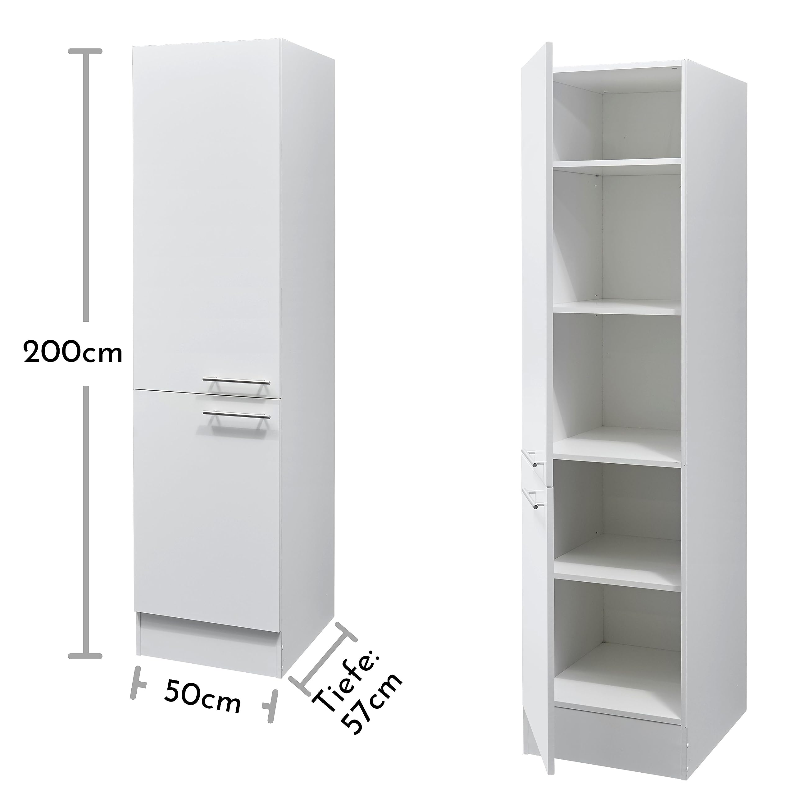 EDDY Moderner Vorratsschrank Küche in Weiß matt - Geräumiger Küchenschrank mit viel Stauraum - 50 x 200 x 57 cm (B/H/T)