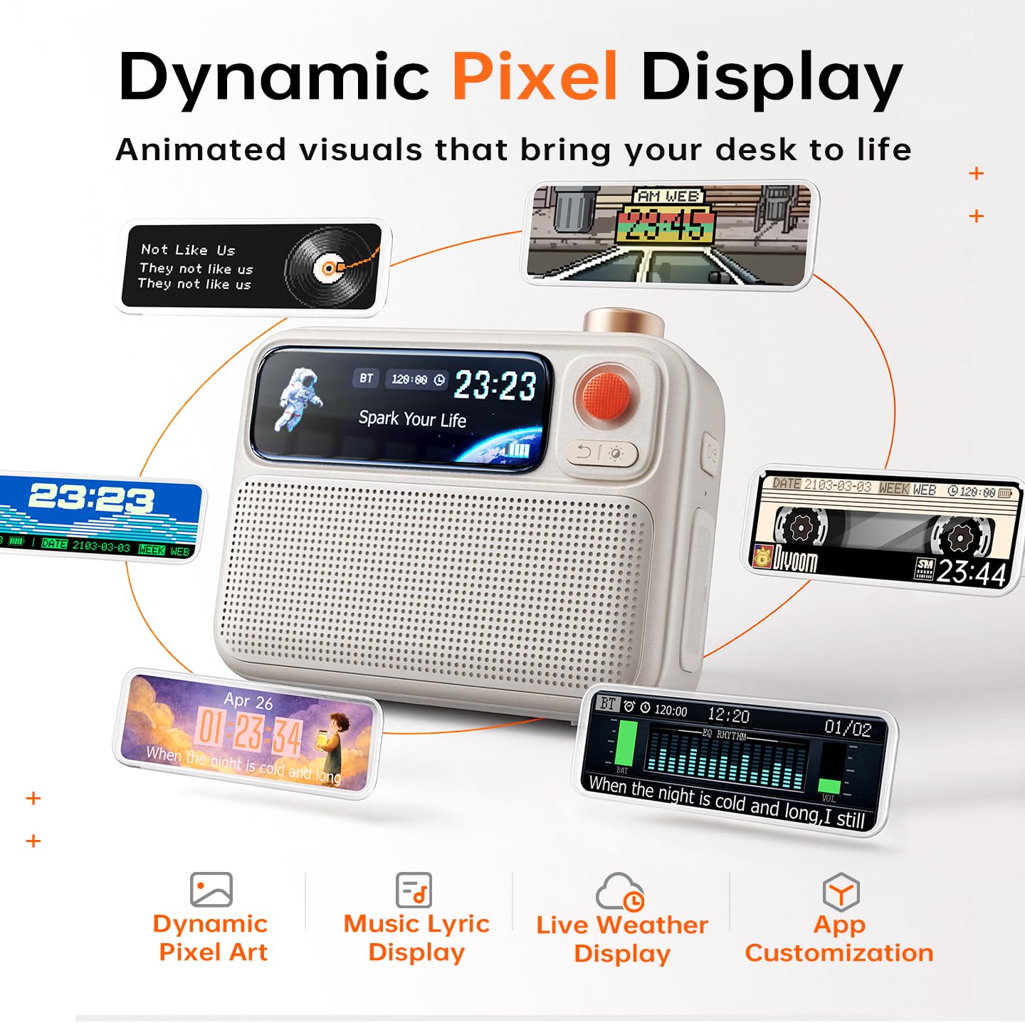 Divoom FlowToo Bluetooth Lautsprecher mit Pixel Display, Individuelle Zifferblätter & Musikvisualisierung, Wecker, Timer und Tragbarer Lautsprecher für Schreibtisch, Home Office und Schlafzimmer, Weiß