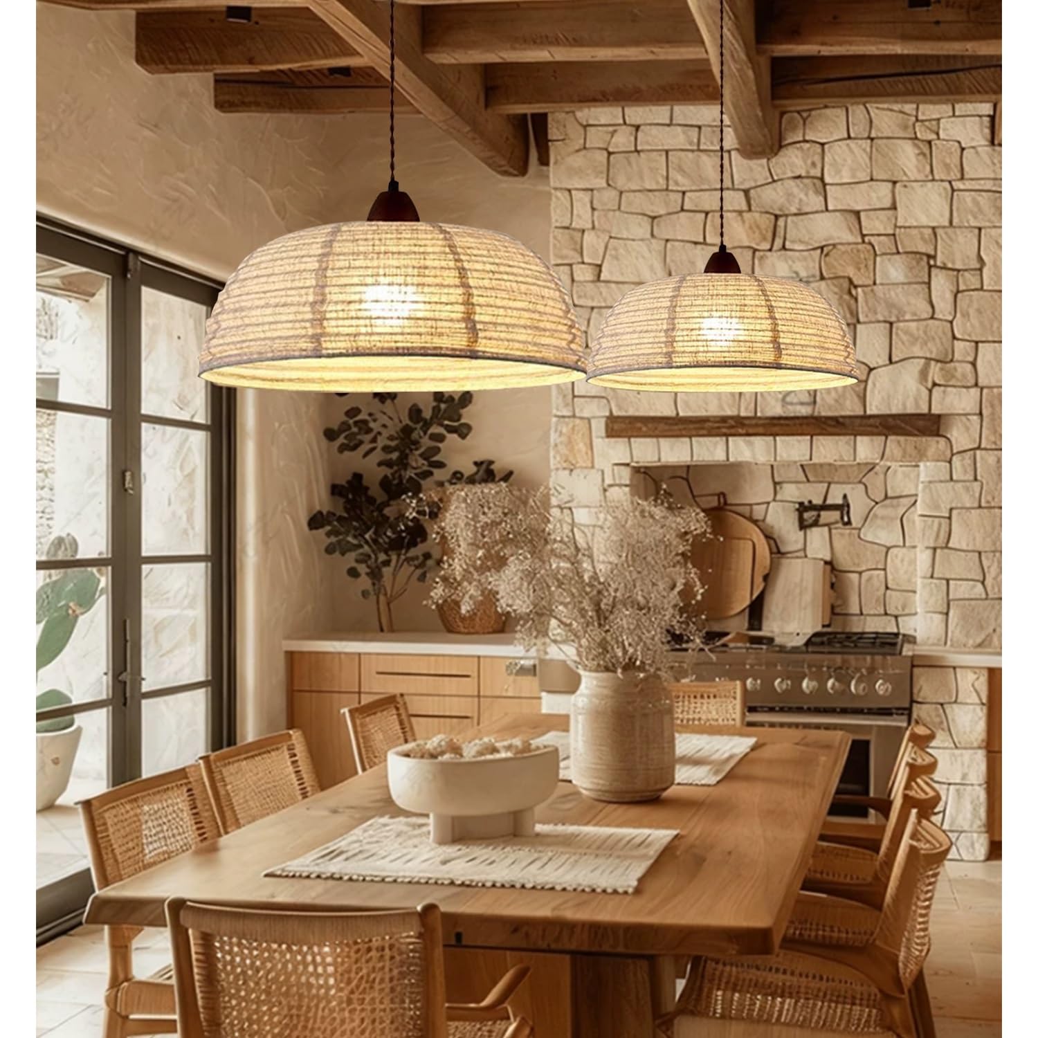 Wiszaca Lampa Vintage Bohemian Z Sznura Konopnego, Żyrandol Sufitowy E27 W Stylu Wiejskim Z Naturalnym Kloszem Lnianym Do Kuchni Jadalni Salonu Sypialni Kawiarni Baru,40cm