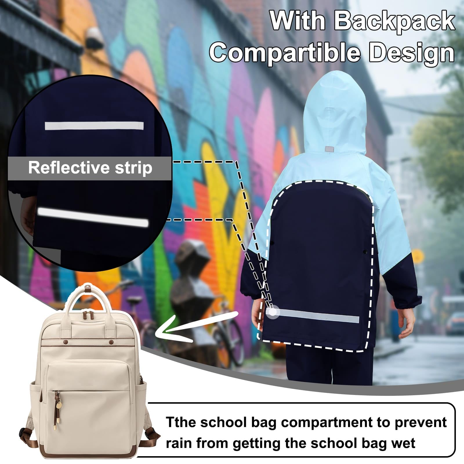 JinBei Enfants Imperméable Garçon Fille Combinaison de Pluie Léger Ensemble Pluie à Réfléchissant Pantalon et Veste Zip Boutons à Capuche Pliante Costume 2 Pièces pour Écoles Camping, 8-14 Ans