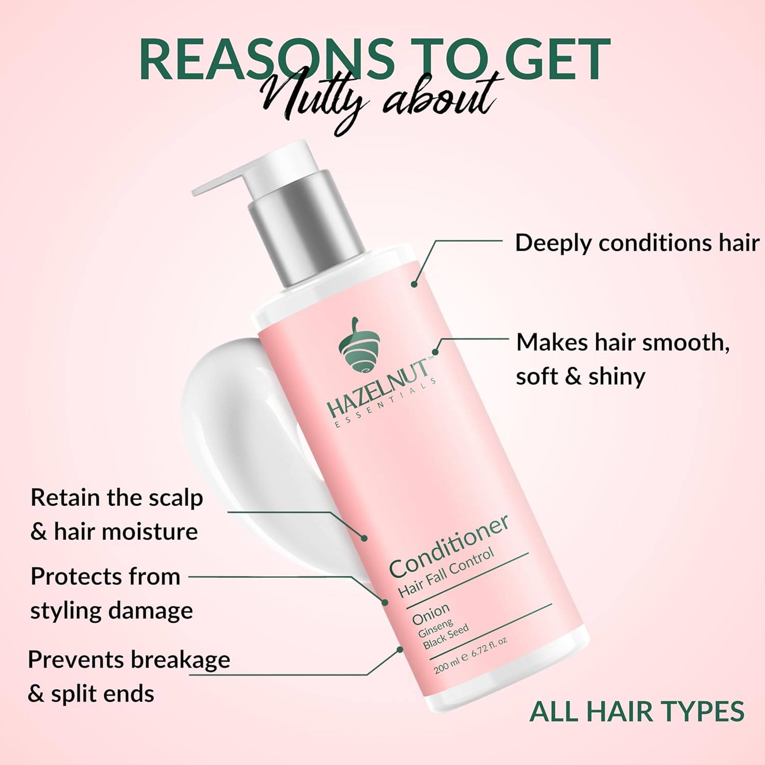 Hazelnut Essentials Onion Conditioner | Hair Fall Control | Ginseng & blackseed | Anti Hairfall Conditioner | All Hair Types | For Women & Men | Dermatologically Tested | 200 ml Hazelnut Essentials Onion Conditioner | Hair Fall Control | Ginseng & blackseed | Anti Hairfall Conditioner | All Hair Types | For Women & Men | Dermatologically Tested | 200 ml