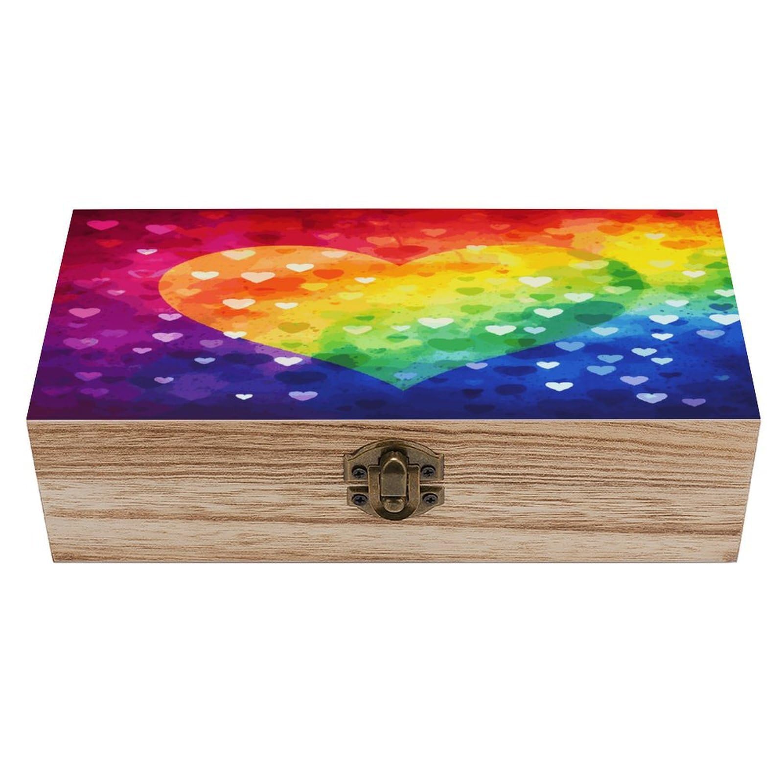FekiLoot Natural Wooden Keepsake Box with Hinged Lid, 8x4 Inch Colorful Rainbow Love Heart Memory Box, Wood Jewelry Organizer & Trinket Holder, Gift for Men Women Anniversary Wedding