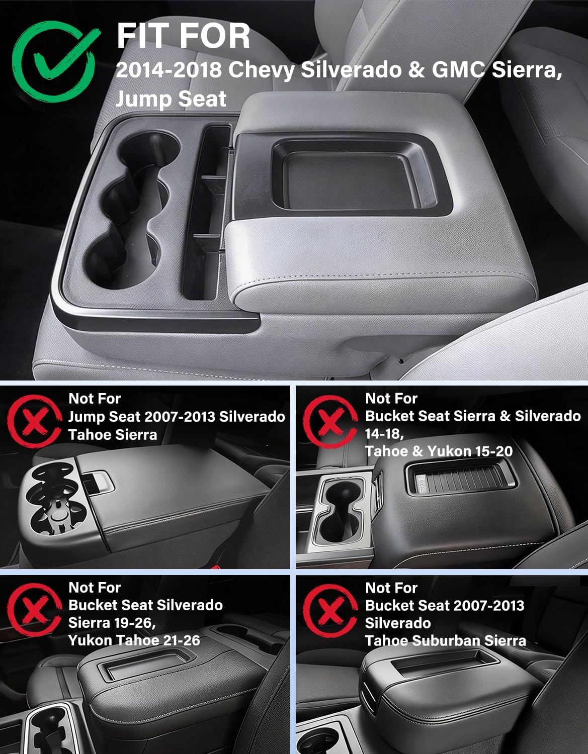 Center Console Armrest Cover for 2014-2018 Chevy Chevrolet Silverado/GMC Sierra 1500 2500 3500, PU Leather Middle Console Lid Protector Arm Rest Cushion Anti-Scratch Thick Pad, Black(Jump Seat Only)