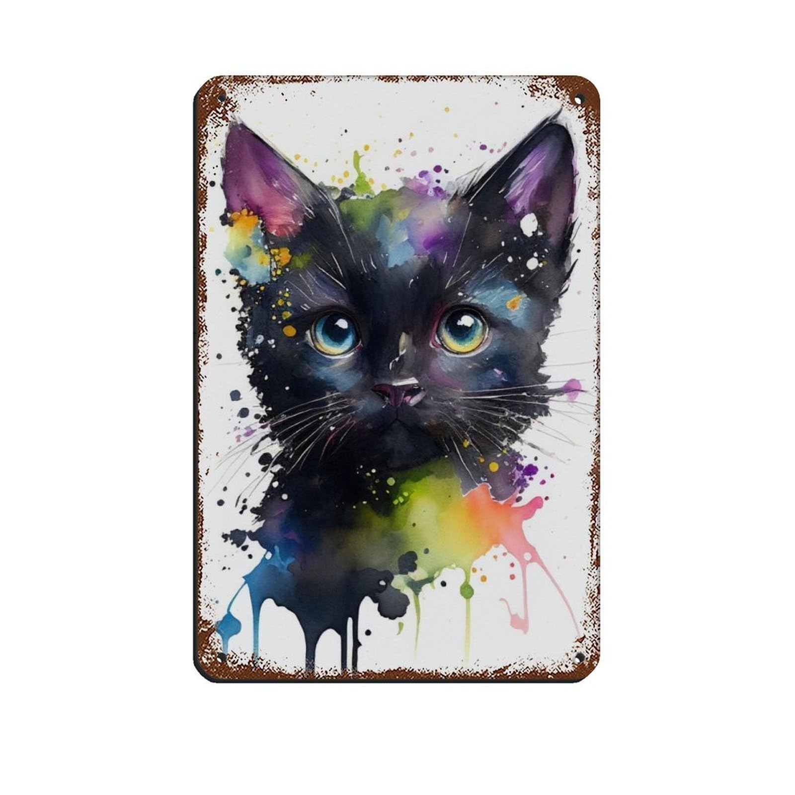 Watercolour Black Kitten Portrait Poster Tin Sign Vintage Metal Pub Club Cafe Bar Home Wall Art Decoration Poster Retro 8x12inch(20x30cm)
