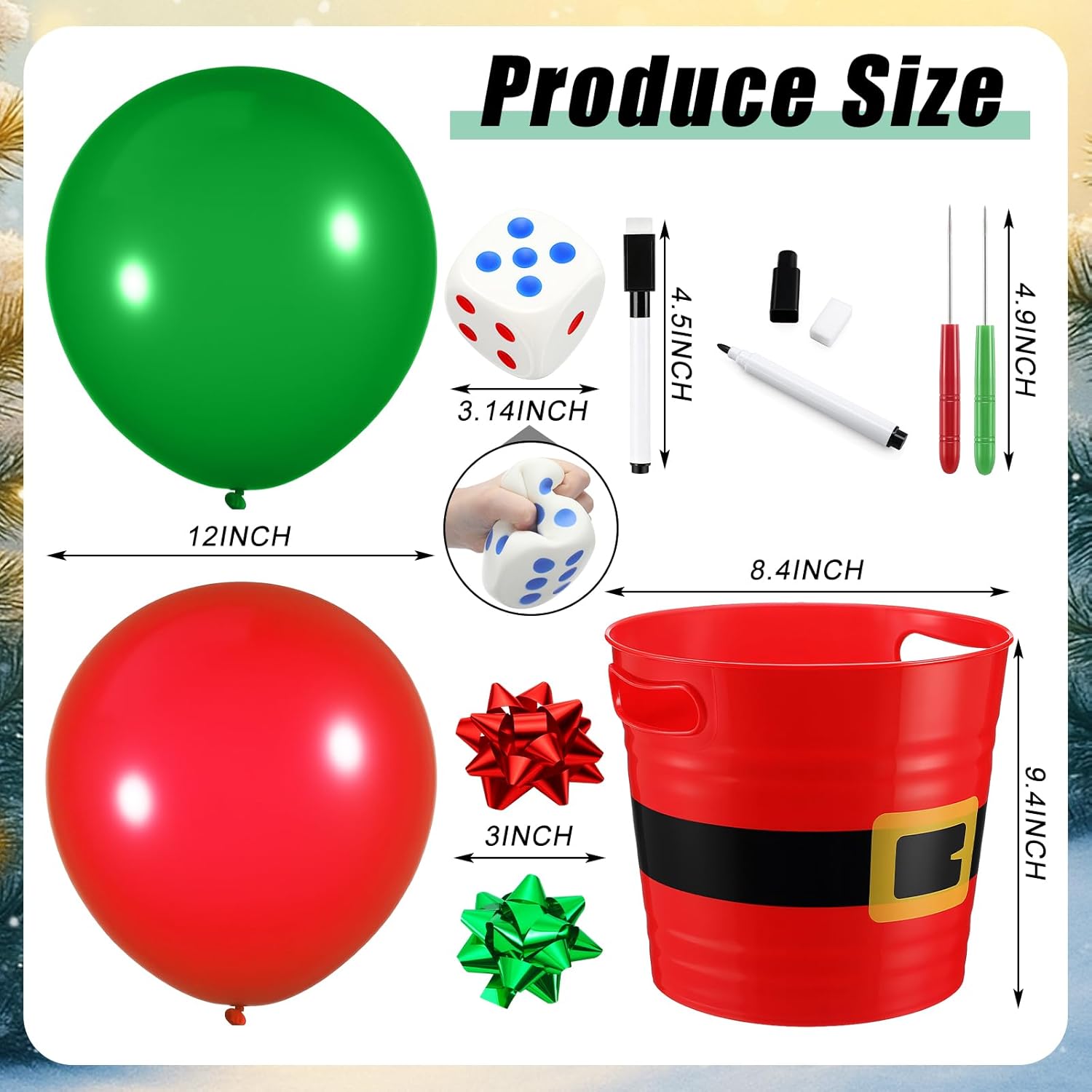 Arrowbash 12 Sets Christmas Gift Bucket Game Include Plastic Santa Belt Buckets with Handles Stress Ball Dice Garland Dart Pen Red and Green Balloons for Christmas Decorations Holiday Supplies