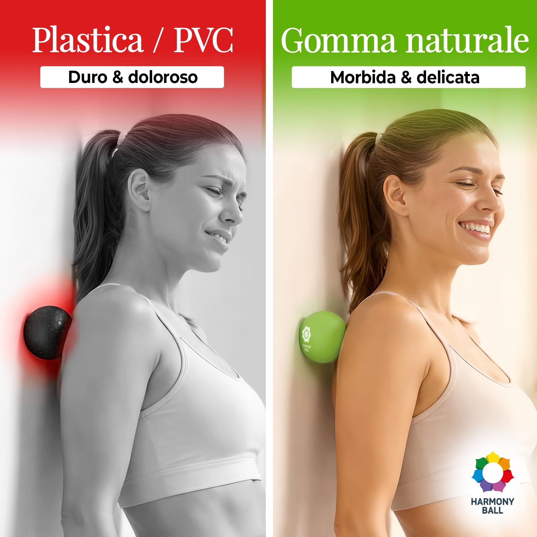 Pallina da massaggio in caucciù naturale, set da 2 pezzi, conrete inclusa, dimensioni delle palline 6,3 cm/7,2 cm, piacevolmente flessibile, ideale per automassaggi e massaggi delle fasce muscolari