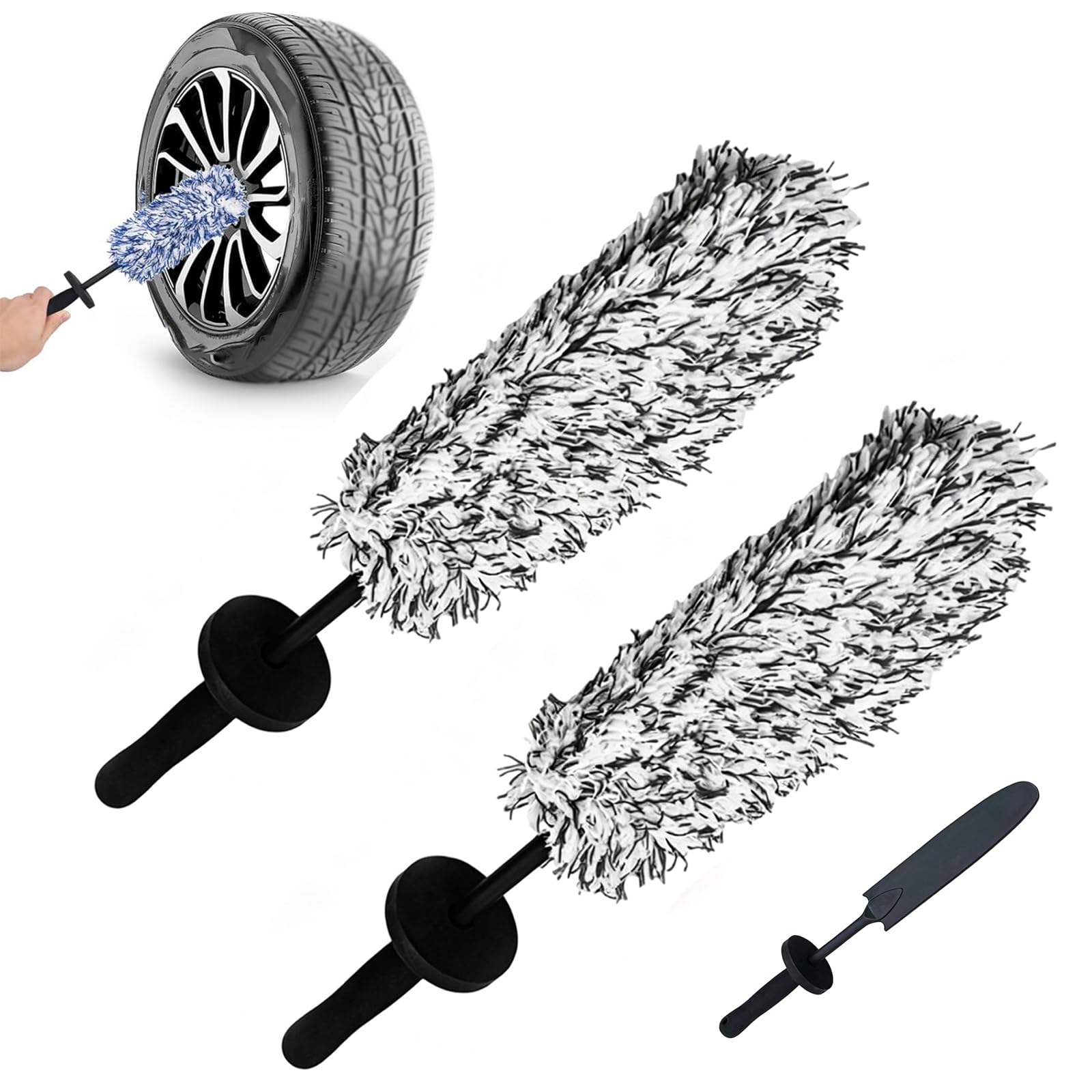 Zqbxhdzw Black + Black Microfibre Wheel Cleaning Brush Kit,Non-Scratch Rim Tyre Brush,Flat Long Handle Detailing Brushes For Alloy Wheels,Spokes,Barrels,Car Truck Motorcycle,No Metal Soft Bristles(Black + Black)