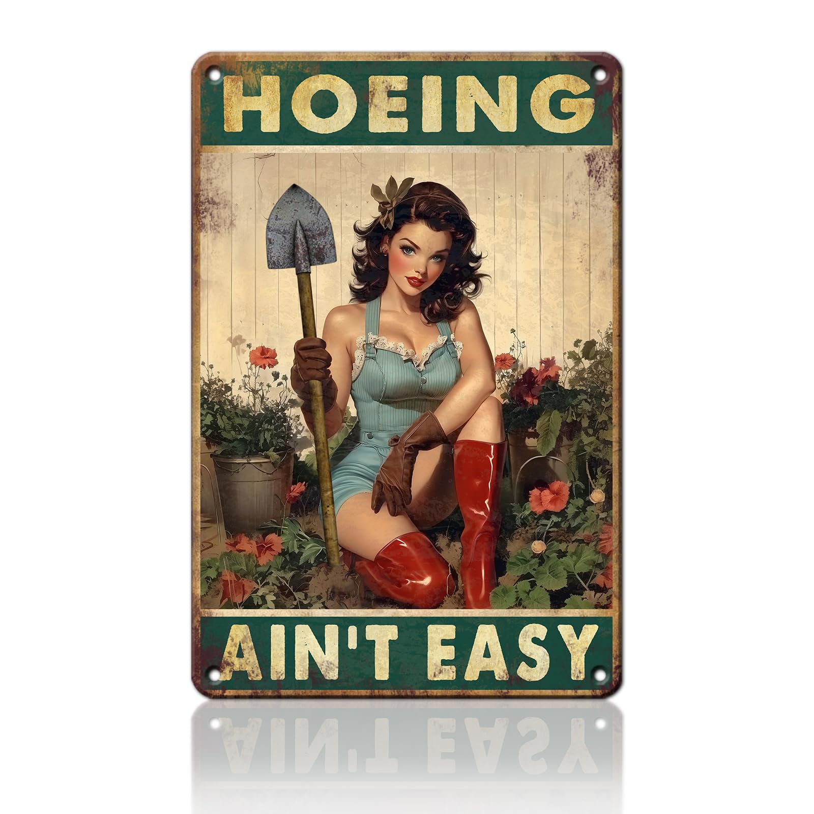 Anceky Vintage Metal Sign Hoeing Ain't Easy Tin Sign Funny Wall Decor for Garden Yard Home Farmhouse Kitchen 12×16 Inch