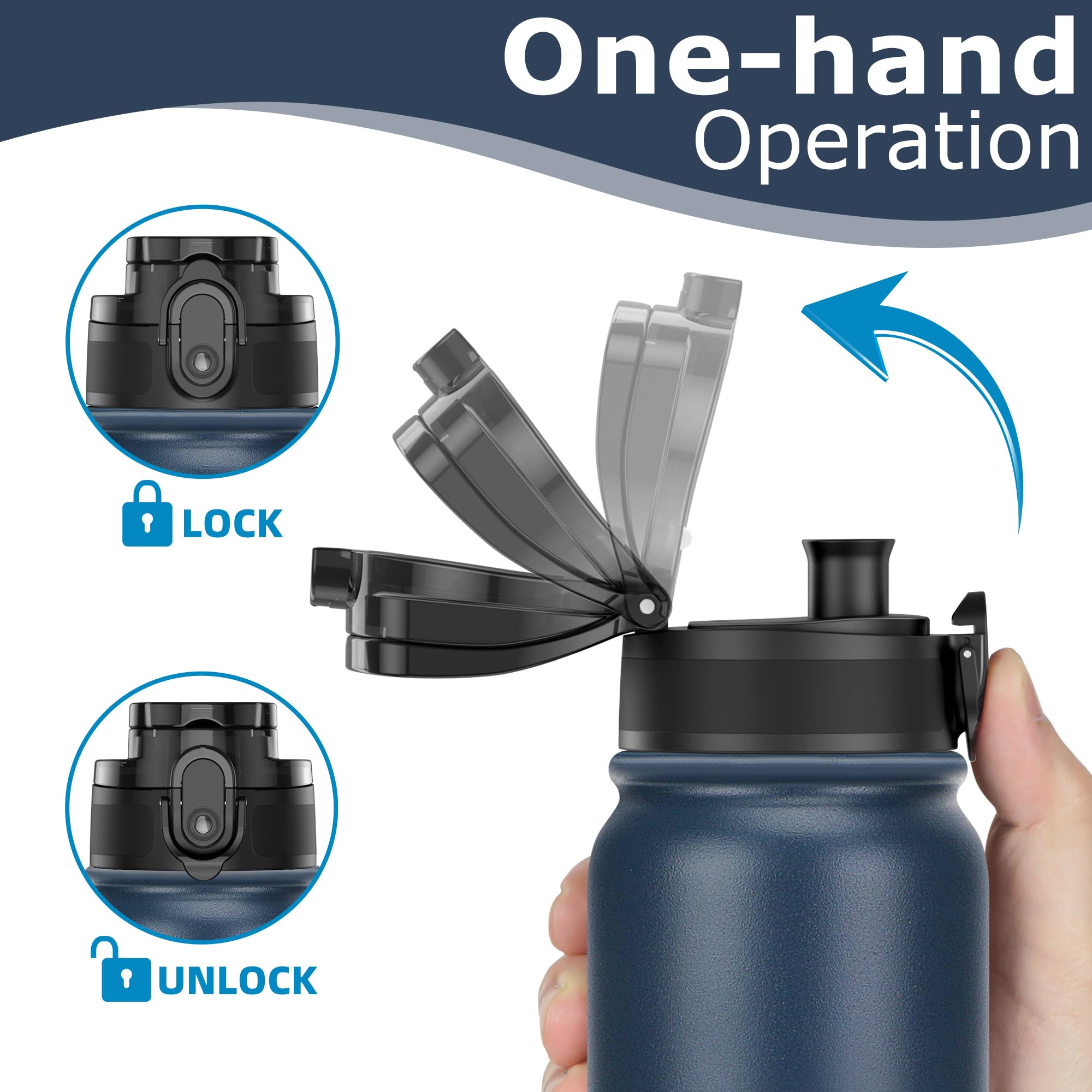 OLDLEY 600ml/20oz Stainless Steel Water Bottle Double Walled Vacuum Flask Keeps Drink Hot and Cold Leakproof BPA Free 600ML Metal Insulated Water Bottle for Sport School Outdoor Hiking (Navy Blue) - Image 3