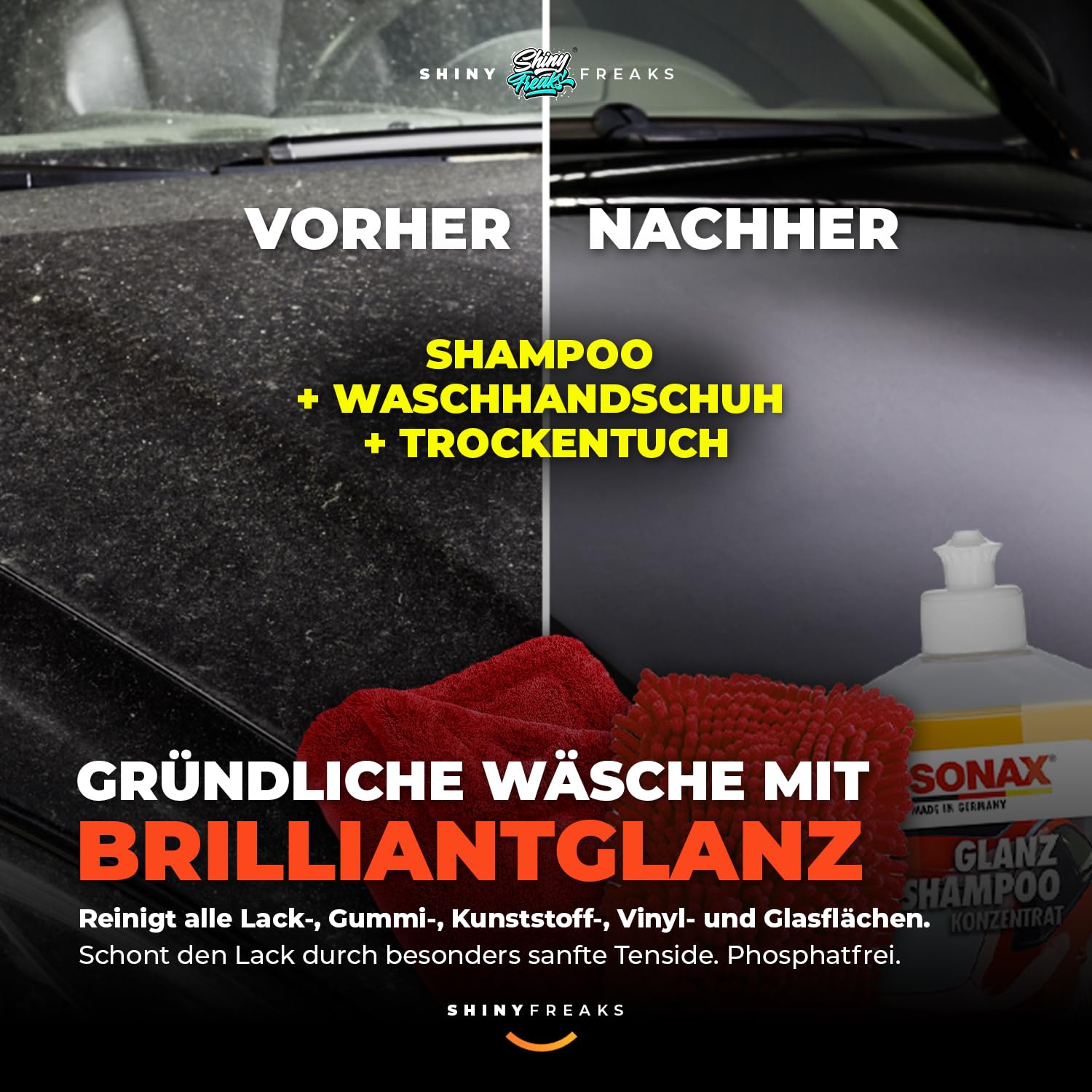 SONAX WaschEimer Autowasch Set 5GAL mit GlanzShampoo + FelgenBeast + BrilliantShine Detailer je 500ml + Schutzsieb + Waaschhandschuh + Tücher | Autopflege Handwäsche Felgenreinigung | 10-teilig