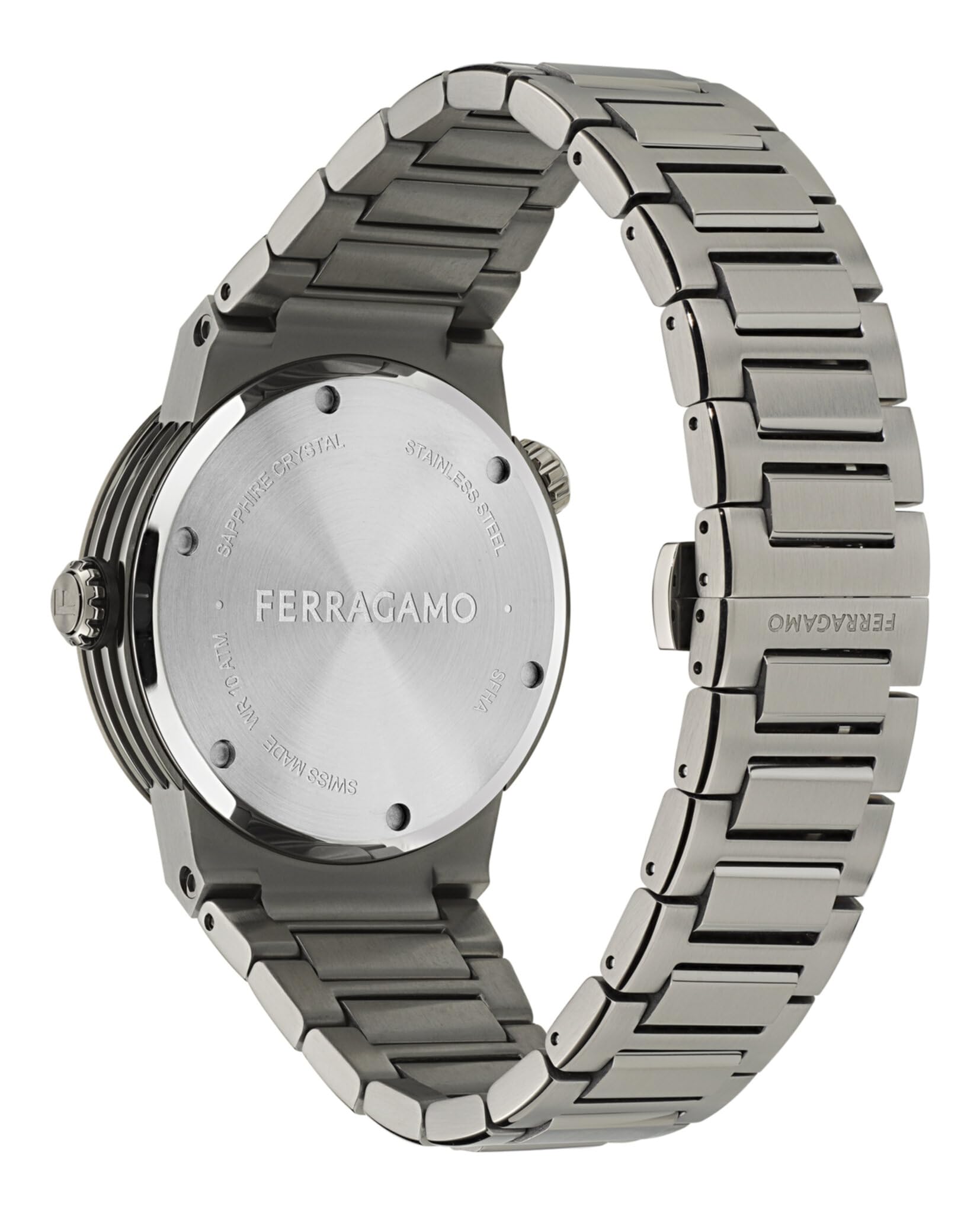 Ferragamo F-80 GMT Worldtime Collection Luxuriöse Herren-Armbanduhr mit grauem Armband mit Waffenetui und schwarzem Zifferblatt