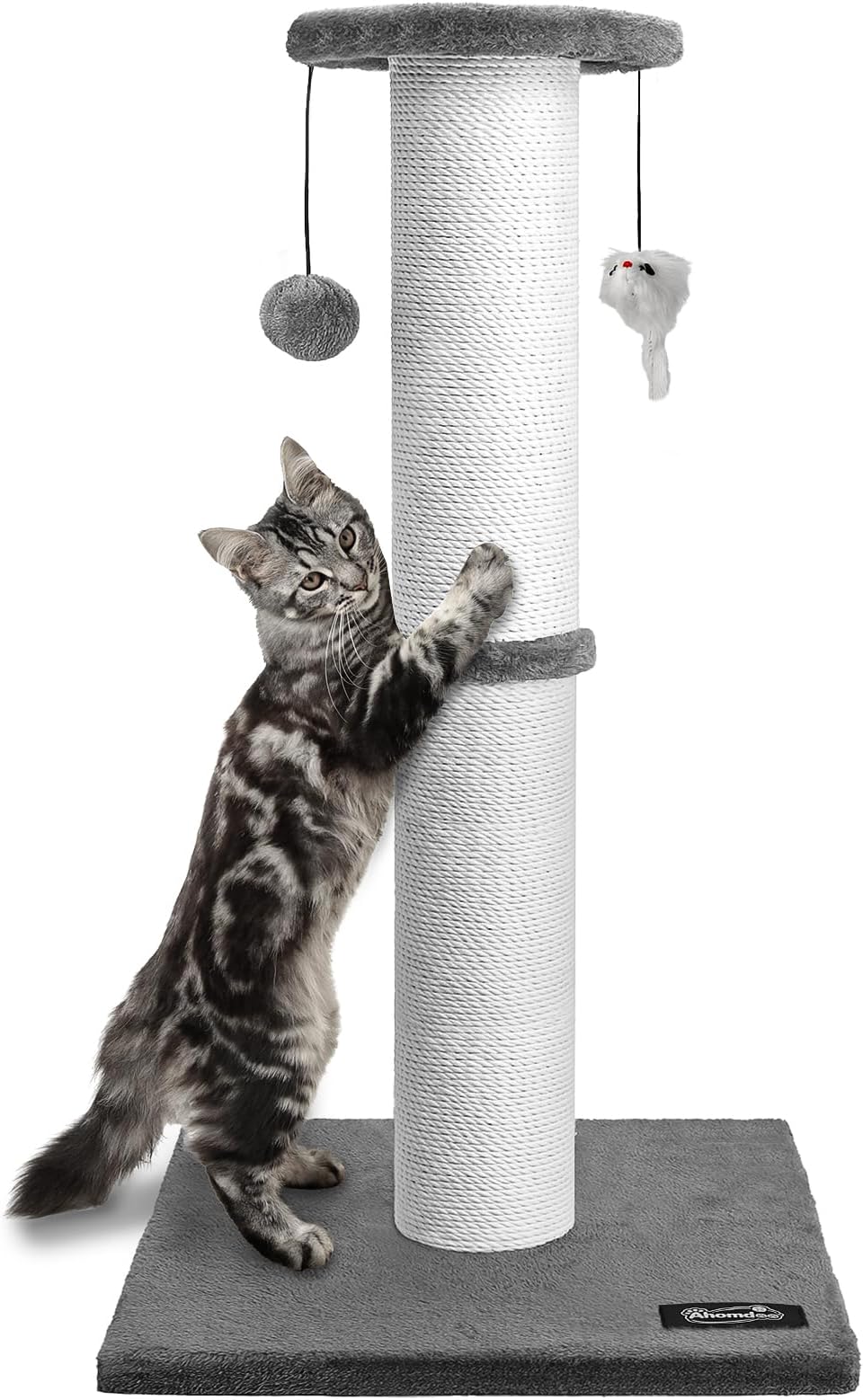 34-Inch Tall Cat Scratching Post for Large Cats, Stable Base, Gray | Heavy-Duty Cat Scratcher, Extra-Tall Thick Post, Soft Natural Cotton Rope, Hanging Interactive Cat Toys, Indoor Cat Furniture