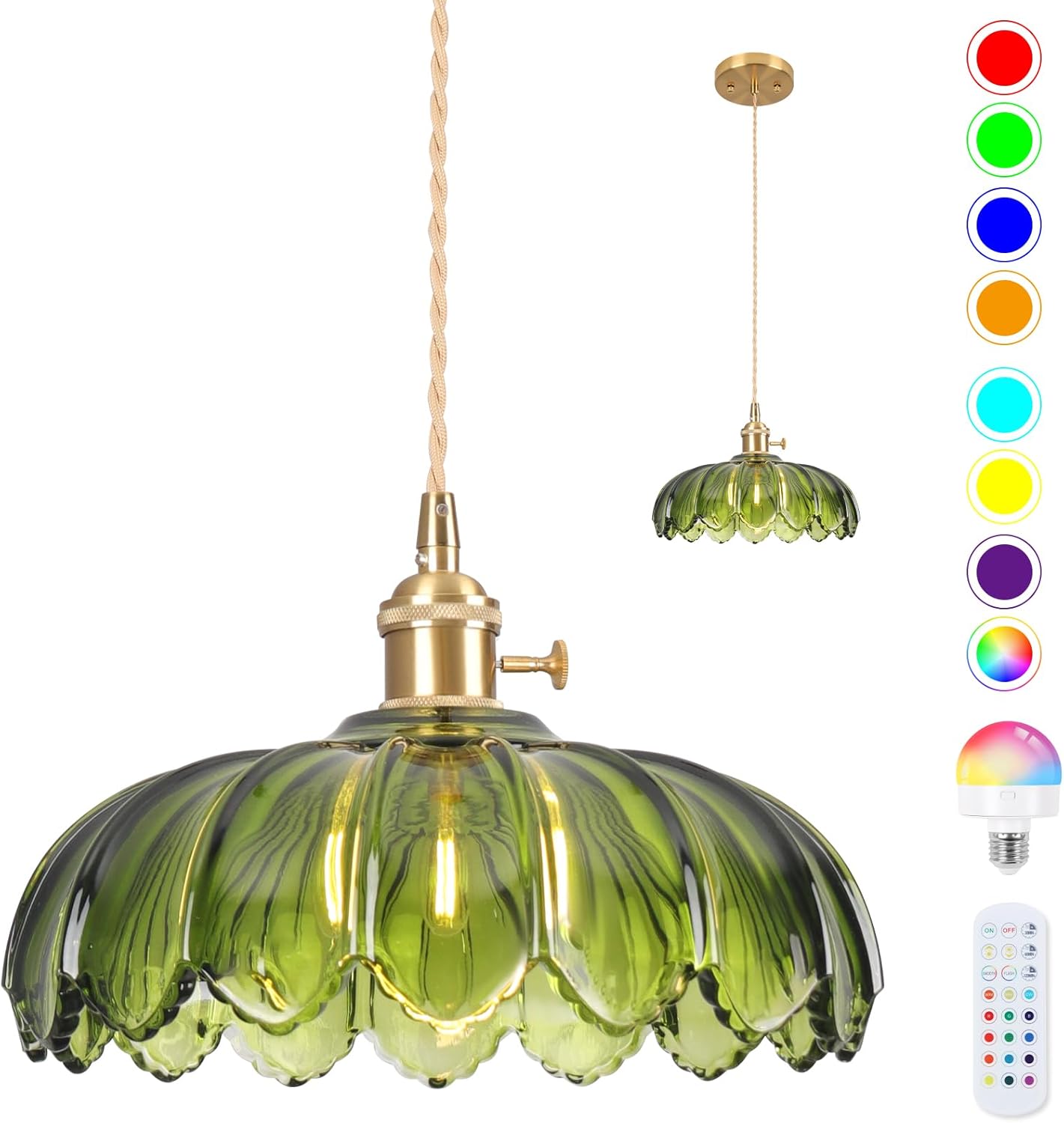 Battery Operated Pendant Light,Vintage Light Fixtures RGB Rechargeable Light Bulb 2500mAh 9.8in with Remote Control Wireless Adjustable Chandelier for Kitchen Island Hallway 1 Light Peony Green Battery Operated 1 pack