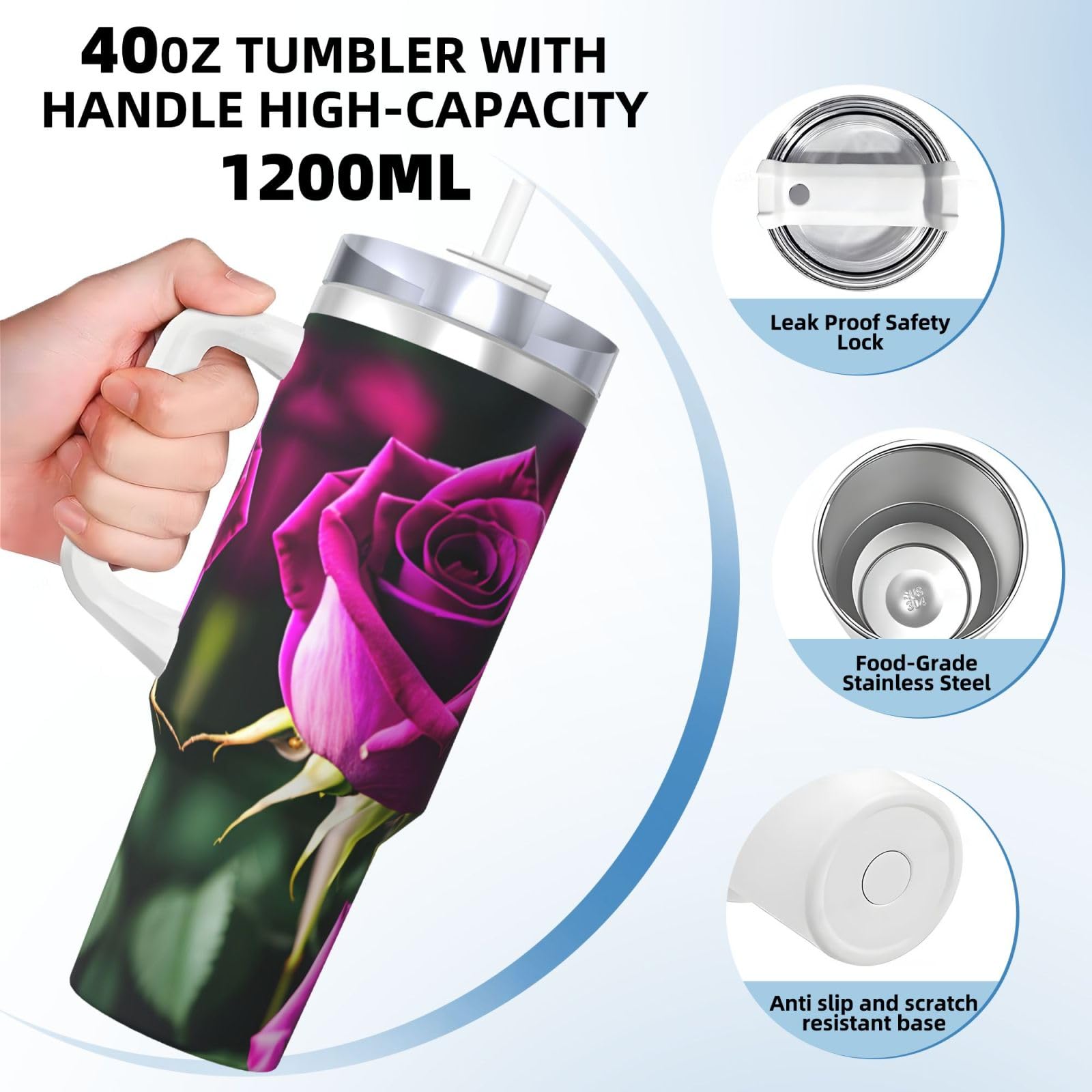 Purple Roses Ice Bully Wasserflasche aus Edelstahl, doppelwandig, isoliert, mit Griff und Strohhalm-Deckel, 1,2 l