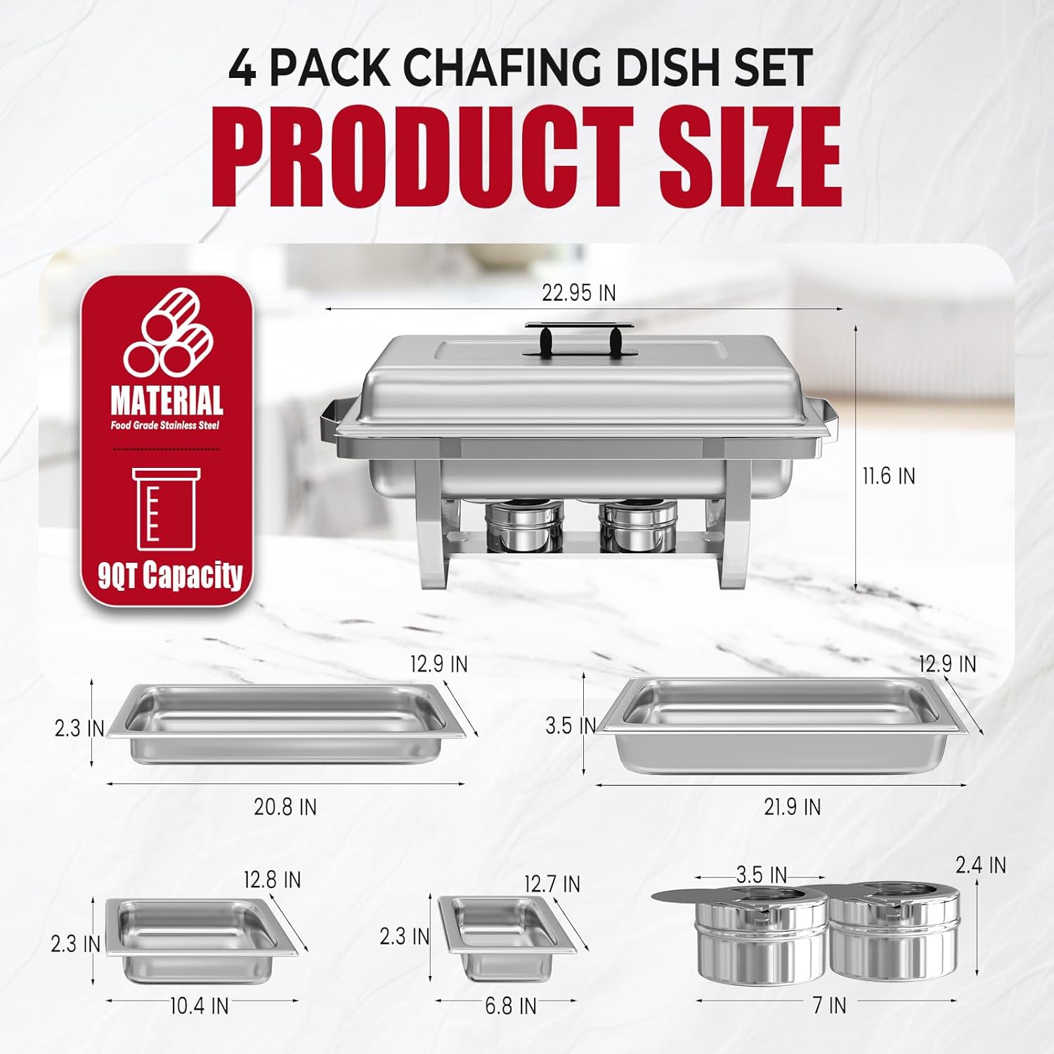IMACONE 4 Pack Chafing Dish Buffet Set, 8QT Stainless Steel Rectangular Chafers and Buffet Warmer Sets 7 Pans Rolled-Edge Design for Catering Event Party Holiday