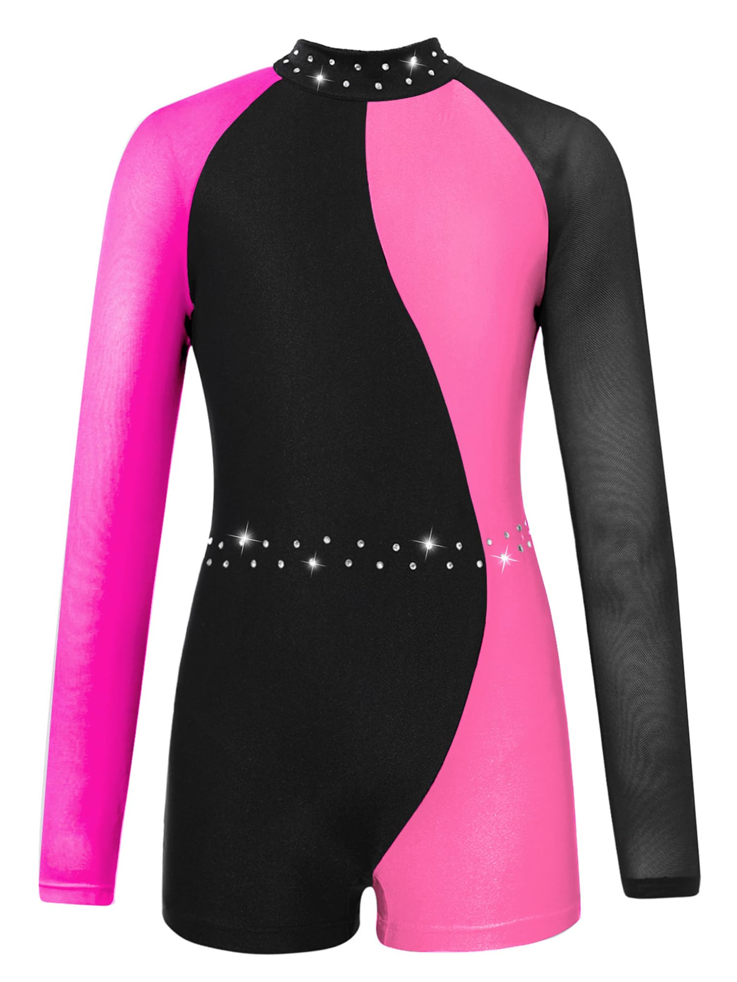easyforever Girl's Sequins Rhinestones Dance Leotard Biketard Mesh Long Sleeves Patchwork Jumpsuit Bodysuit Dancewear Rose 10 Years
