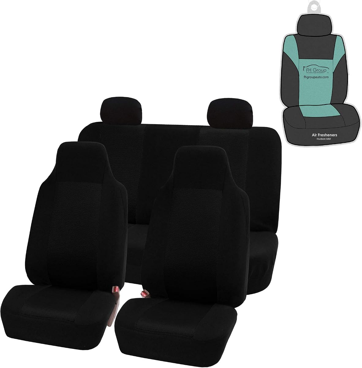 Automotive Full Car Seat Covers for SUV, Trucks, Sedan and More - Universal Fit Front High Back & Rear Solid Bench Design Interior Accessories - 3D Air Mesh Fabric Center Panel - Black