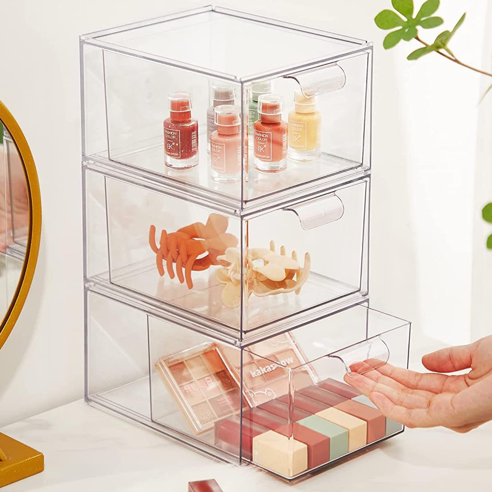2 pezzi organizer cassetti acrilico trasparente – cassettiera plastica – cassetti impilabili per armadio con 16 tappetini antiscivolo – organizer trucco per bagno, toeletta, cassettiera e scrivania