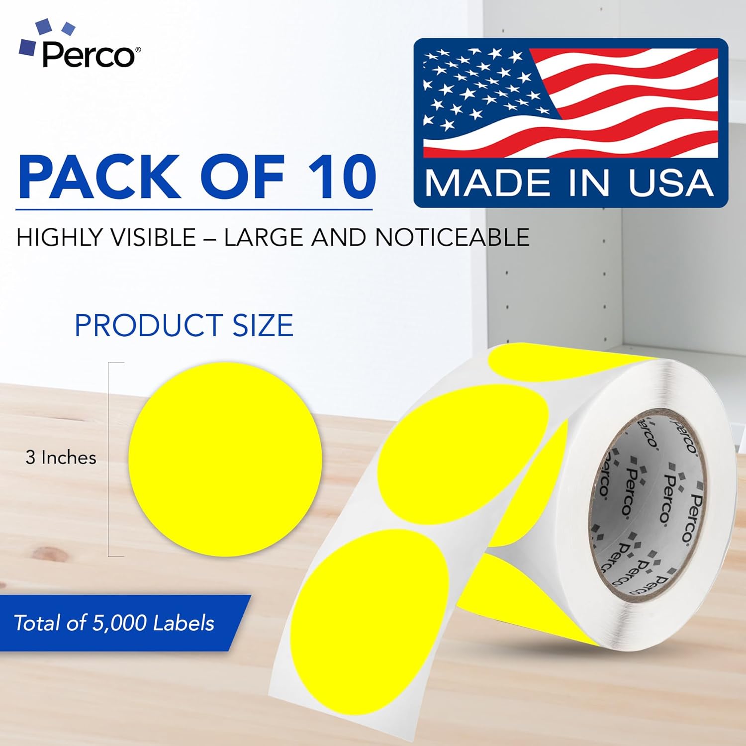 Perco Fluorescent Yellow 3-Inch Perforated Circle Dot Sticker Labels — 10 Rolls, 5,000 Round Stickers — with Permanent Adhesive for Moving Boxes, Sale Signage, Displays, Status Messaging—Made in USA