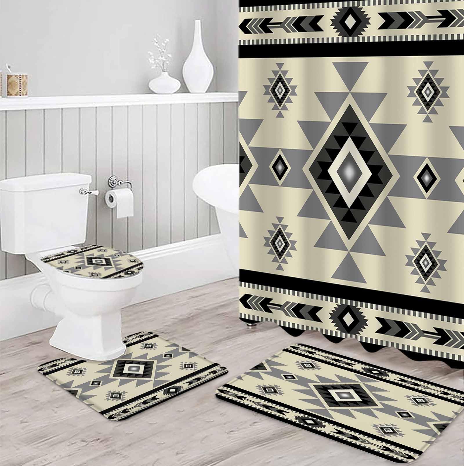 Brown Aztecs Bathroom Set with Shower Curtain and Rug Accessories - 66x72 Inches Long Southwestern Stripe Native American Boho Bathtub Curtain Waterproof with Large Bath Mat,Washable Runner Rug Set